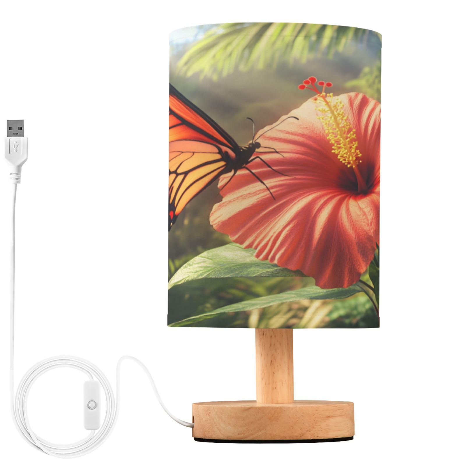ALAZA Butterfly Red Flower Decor Bedside Table Lamp with USB Port for Bedroom Nightstand Office Desk LED Bulb Included