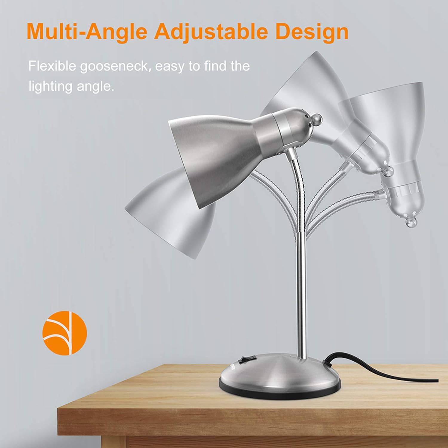 LEPOWER Adjustable Metal Desk Lamp, Eye-Caring Goose Neck, Silver, Model UT2032 for Bedroom, Study, Office