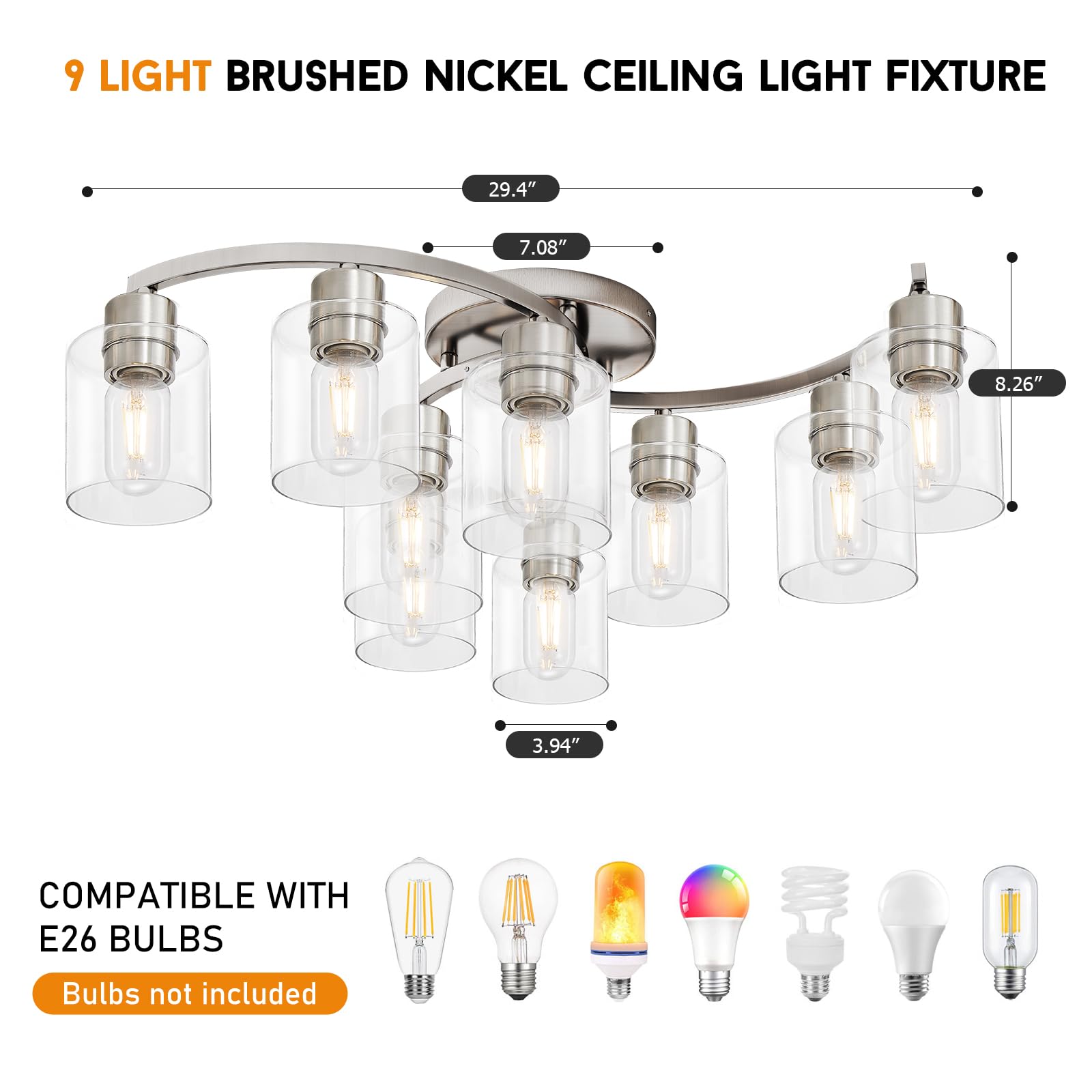 Eatich 9-Light Semi Flush Mount Ceiling Light, Modern Brushed Nickel Ceiling Light Fixture, Dining Room Light Fixture With Clear