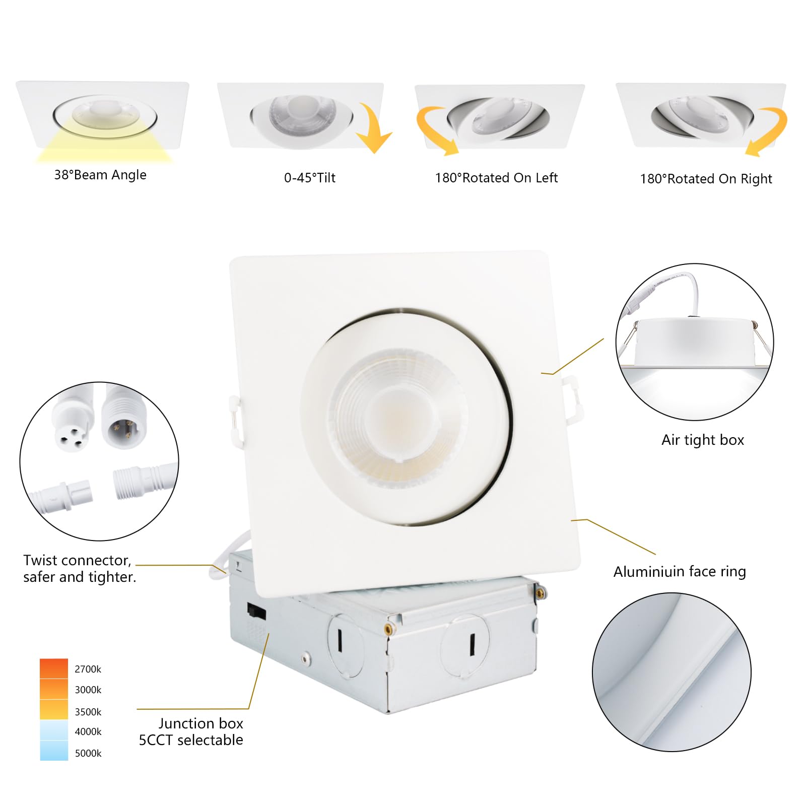 Knlnny Ware Square Recessed Lighting 4 Inch (6 Pack),Eyeball Gimbal Recessed Lights,Wet Rated, Canless Recessed Light,5Cct Selec