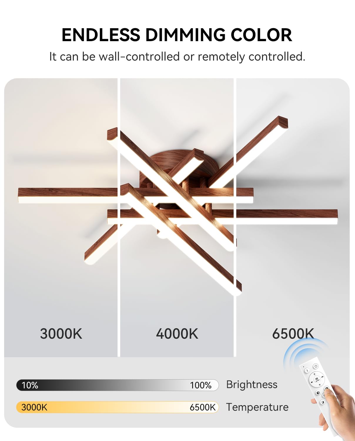 JFHTNFJ Modern Sputnik Ceiling Light Fixture LED Dimmable Remote Control Chandelier 6-Light Wood Color K04