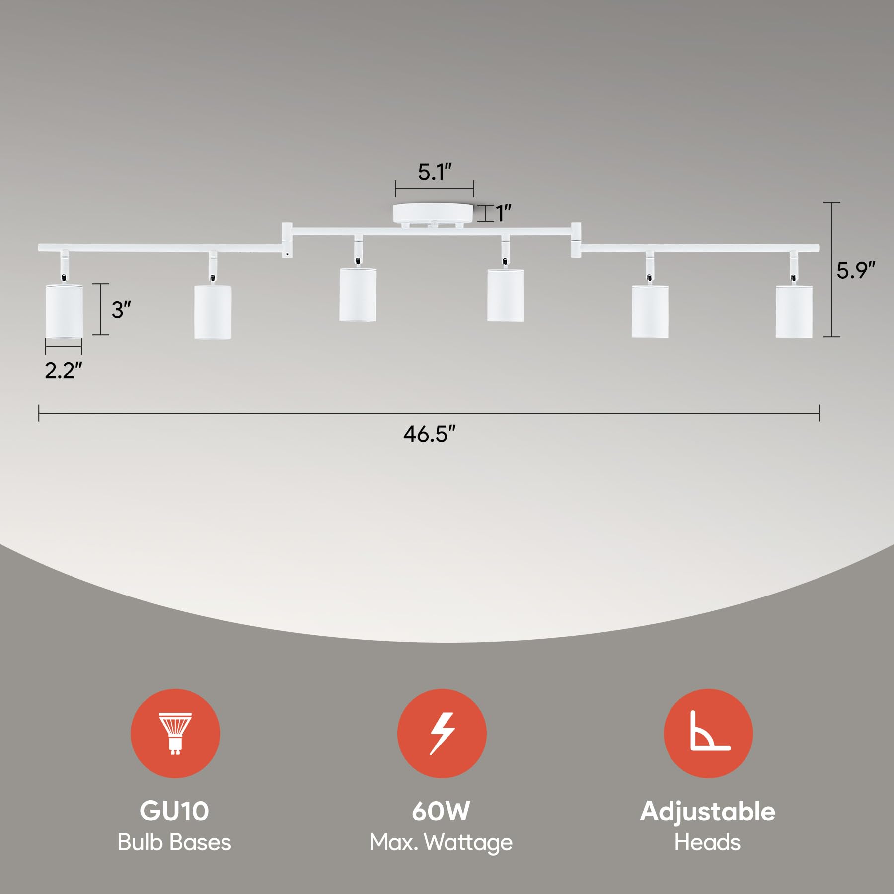 VONLUCE 6-Light Metal Track Lighting Fixture, White LED Spotlight Kit with Rotatable GU10 Bulbs for Kitchen, Office, Studio, TCL-CR06