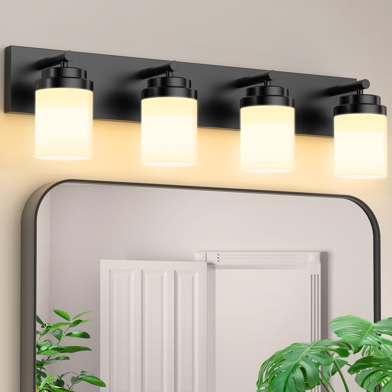 Izorro Bathroom Vanity Light Fixture  4-Light 27.5 Inch Matte Black Bathroom Light Fixtures Over Mirror  With White Glass Shade  Modern Farmhouse Vanity Lights  Rustic Restroom Lighting Fixtures