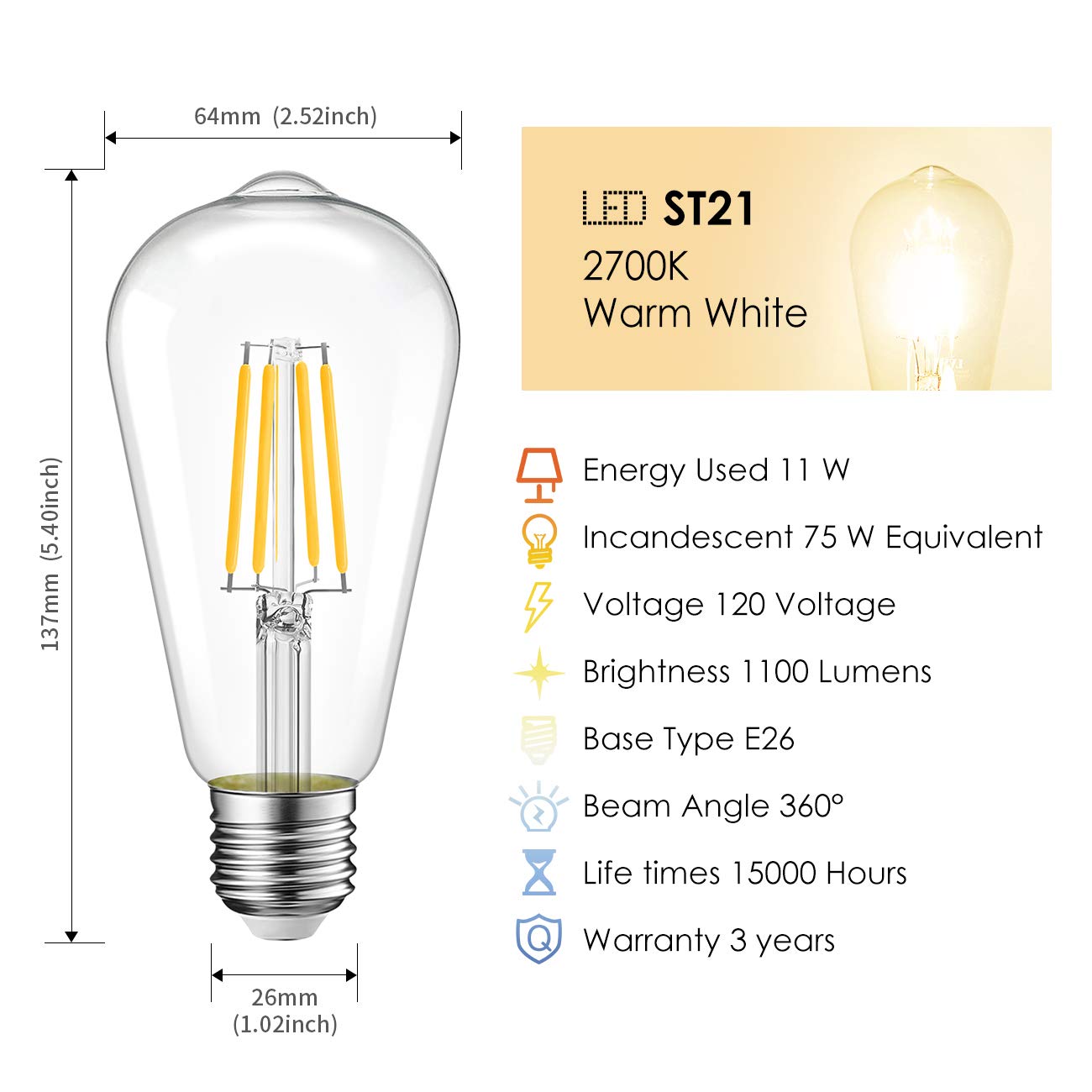 LVWIT Vintage LED Edison Bulbs 75W Equivalent Dimmable 11W 1100LM 6 Pack Clear Glass 2700K Warm White