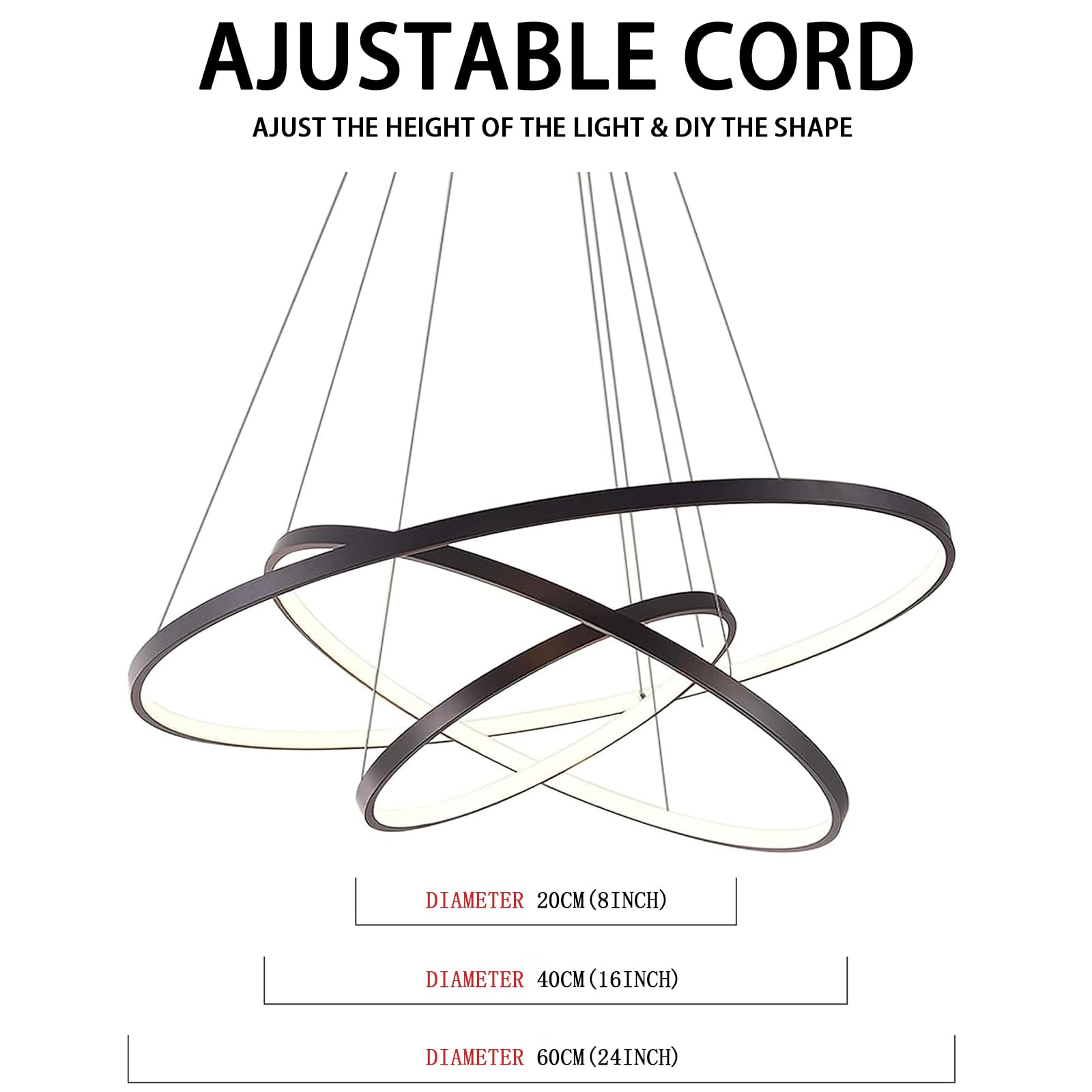 Lightinthebox Modern Led Pendant Light, 3 Ring Black Chandelier For Living Room & Office