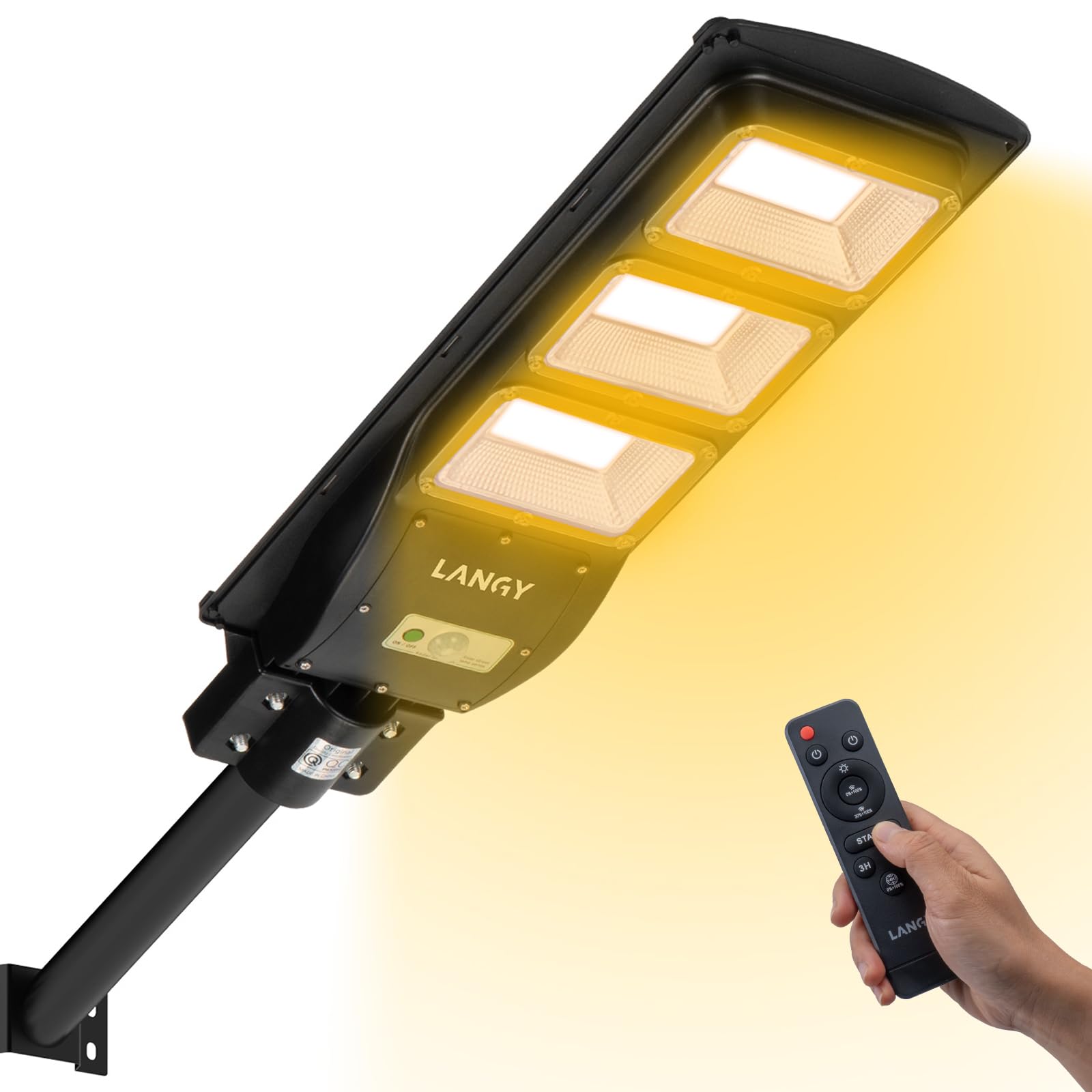 LANGY Solar Street Lights Outdoor Warm White  15000LM Solar LED Street Light Solar Powered  Dusk to Dawn  Motion Sensor with Remote Control  IP66 Waterproof  for Commercial Grade Barn Sidewalk Garden