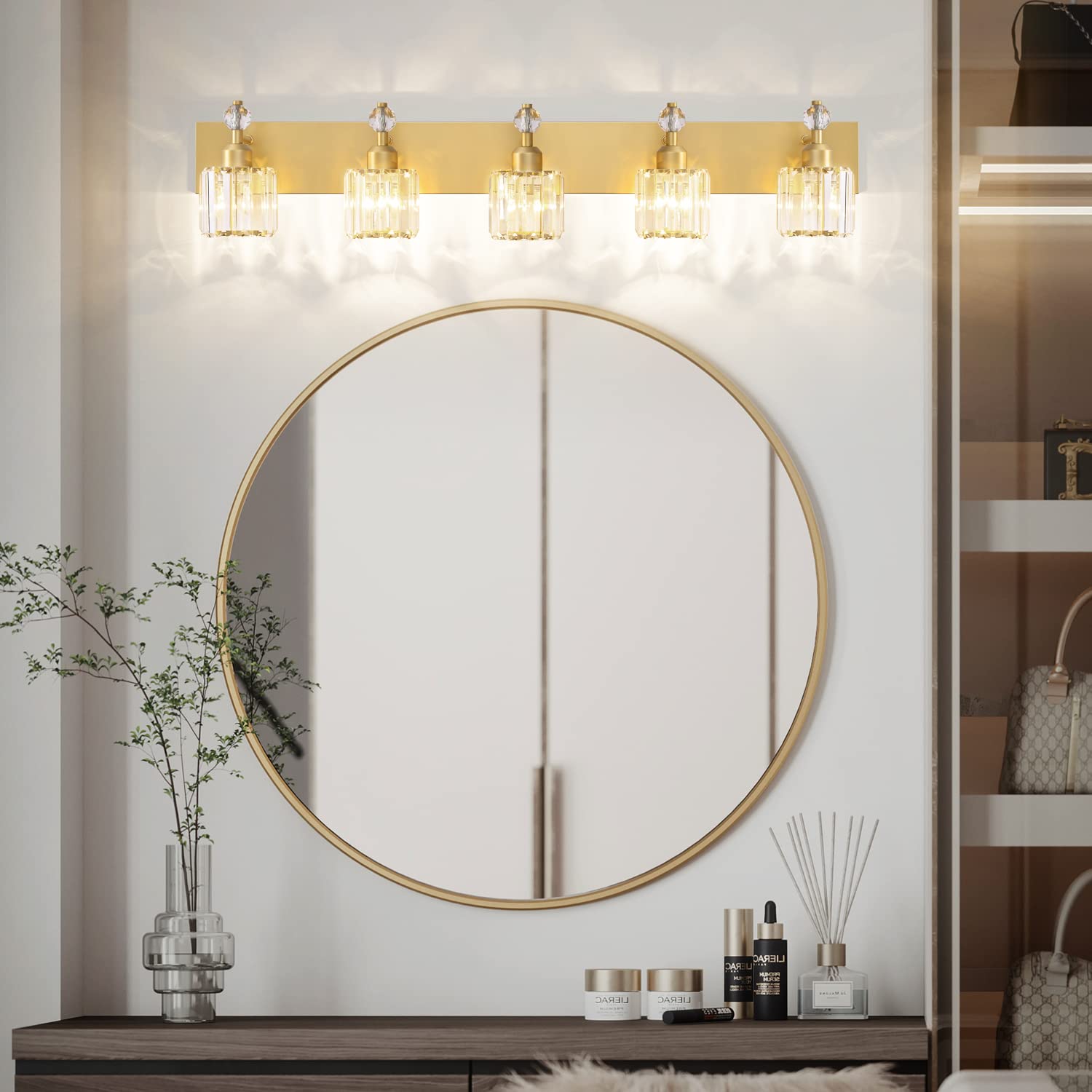 PRESDE Modern Crystal Vanity Light Fixture - 5 Light Bathroom Wall Light - Gold Finish, Stainless Steel with Metal