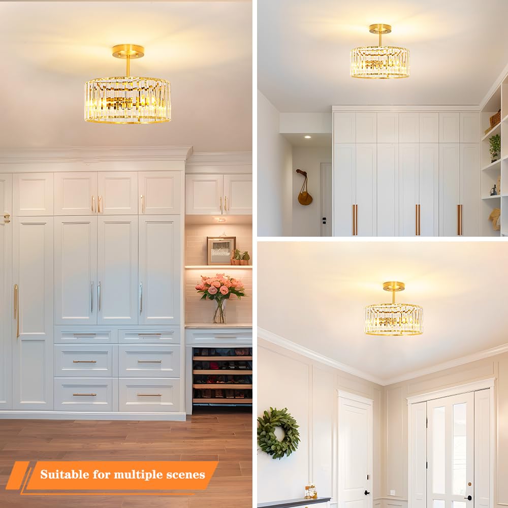 Lxybcce Modern Crystal Ceiling Light  Brushed Gold Semi Flush Mount Ceiling Lighting Fixture  Brass Hallway Light Fixtures Chandelier For Kitchen  Bedroom Dining Room Hallway Closet  3-Light  12 Inch