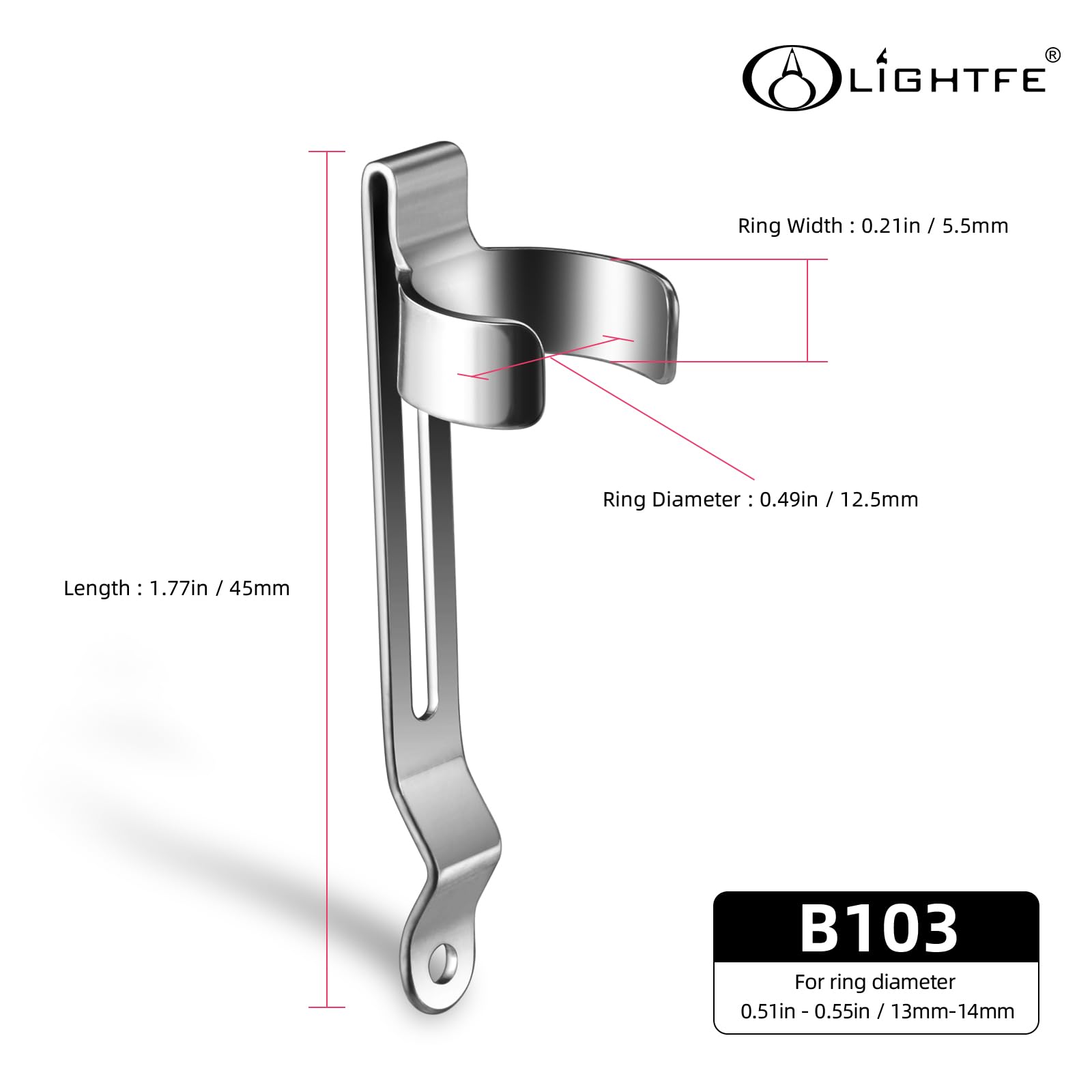 LIGHTFE B103 Flashlight Clip - Stainless Steel for 13-14mm Diameter, 5.5-5.9mm Slot Width, 45mm Size