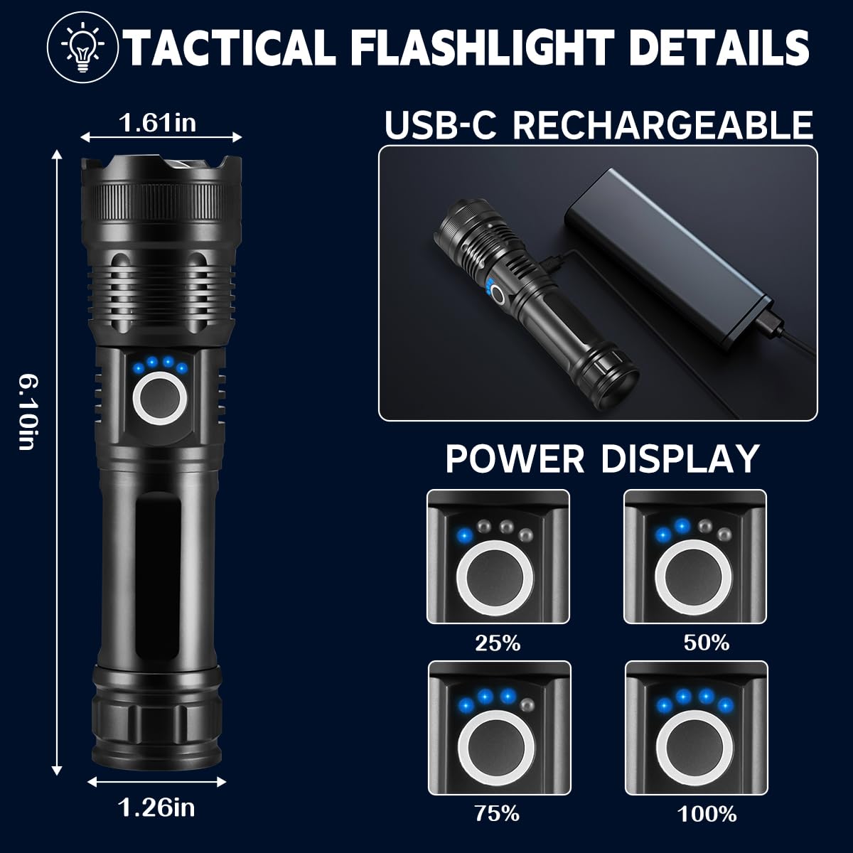 Staaricc 3Pack Rechargeable Flashlights High Lumens LED, 5 Modes, Adjustable Tactical, Black