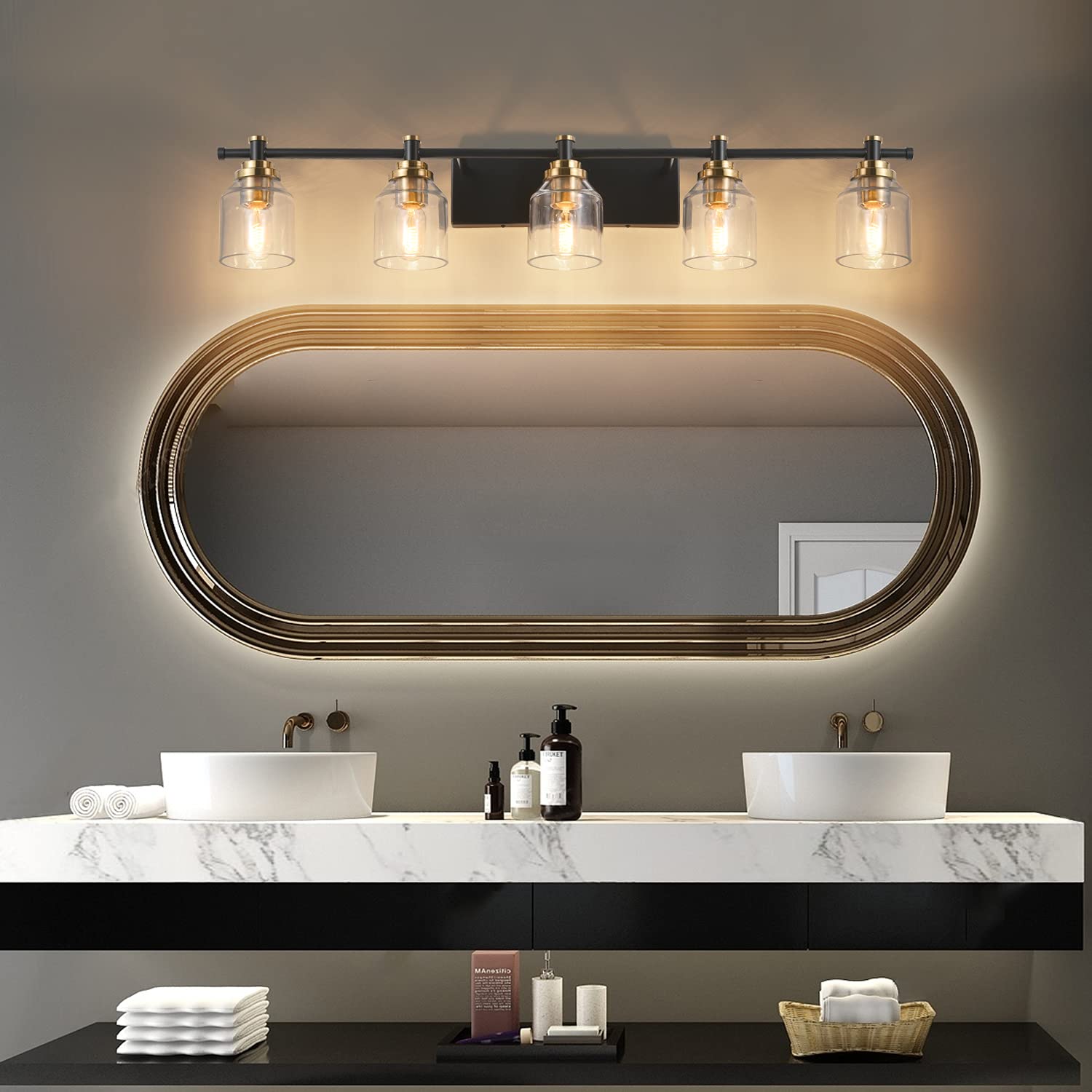SOLFART 5-Light Bathroom Light Fixtures, Black Brass Finish, Vintage Globe Design, Model 7900-5T