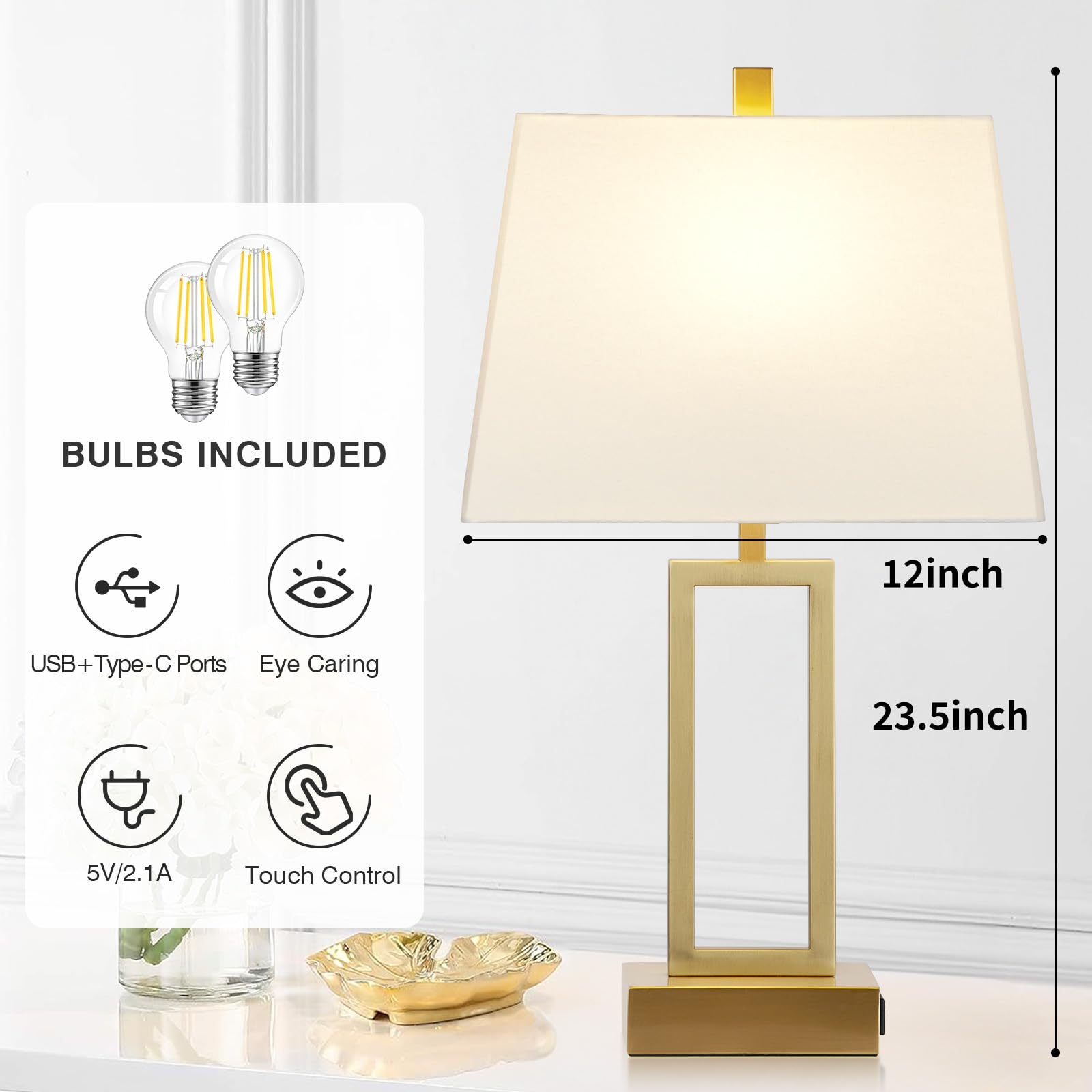 Rinweey Touch Control Table Lamps Set of 2, Modern Gold Metal Nightstand Lamps with USB Ports, 3-Way Dimmable, Large