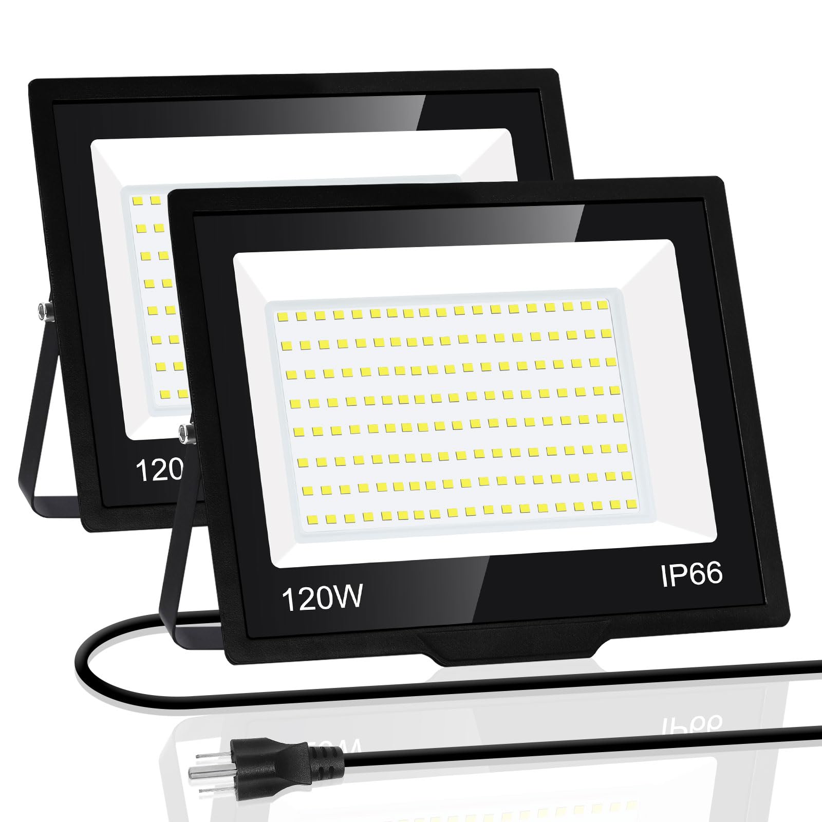 ISUERFY 120W LED Flood Light Outdoor, IP66 Waterproof, 14400Lm, 5000K Daylight White, 2 Pack, Black, Model SUER-FL120W
