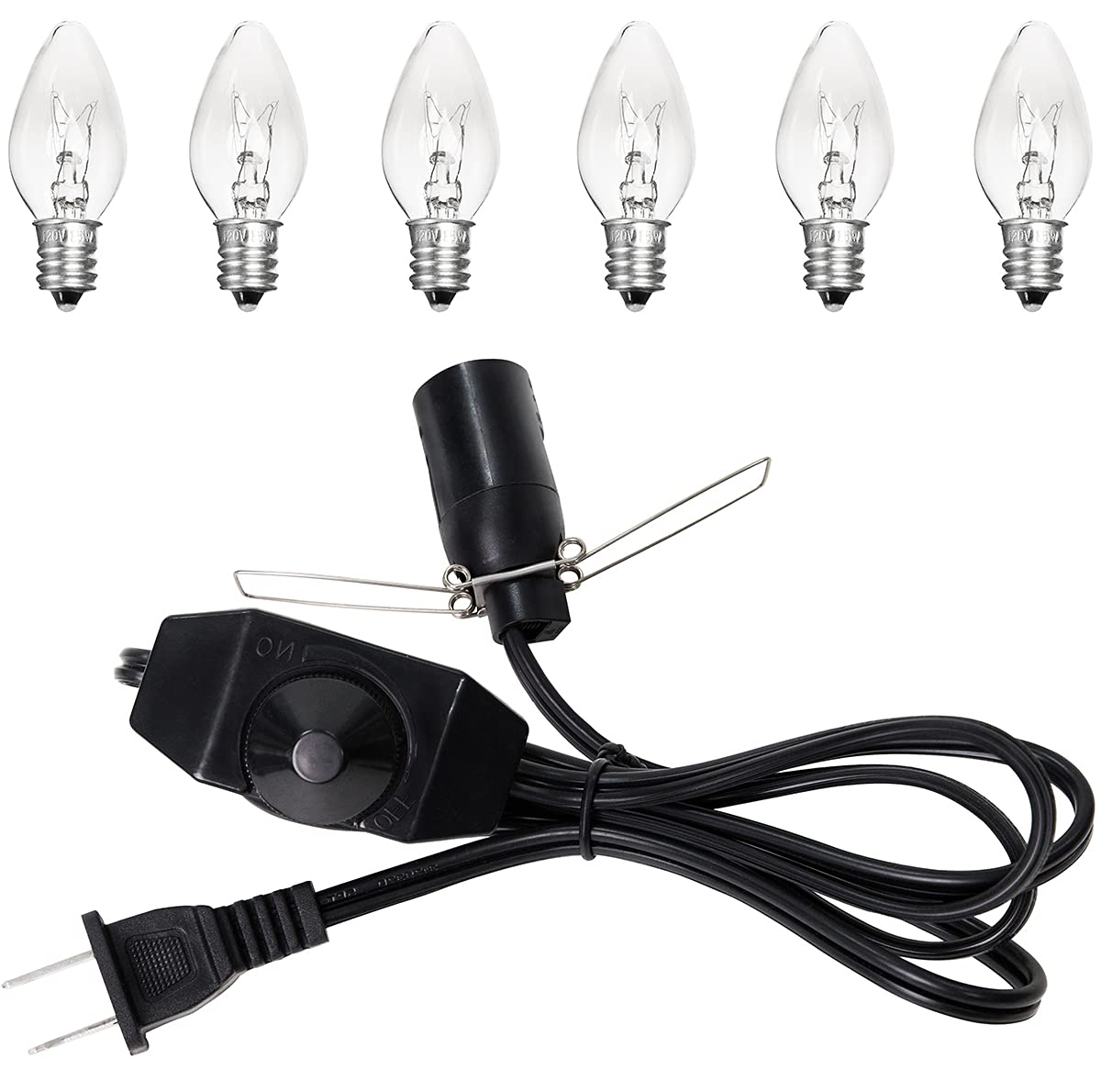 Venforze Himalayan Salt Lamp Replacement Cord With Dimmer Switch, 5 Feet, Metal Clip, Includes 6 E12 Halogen Bulbs, Size A1