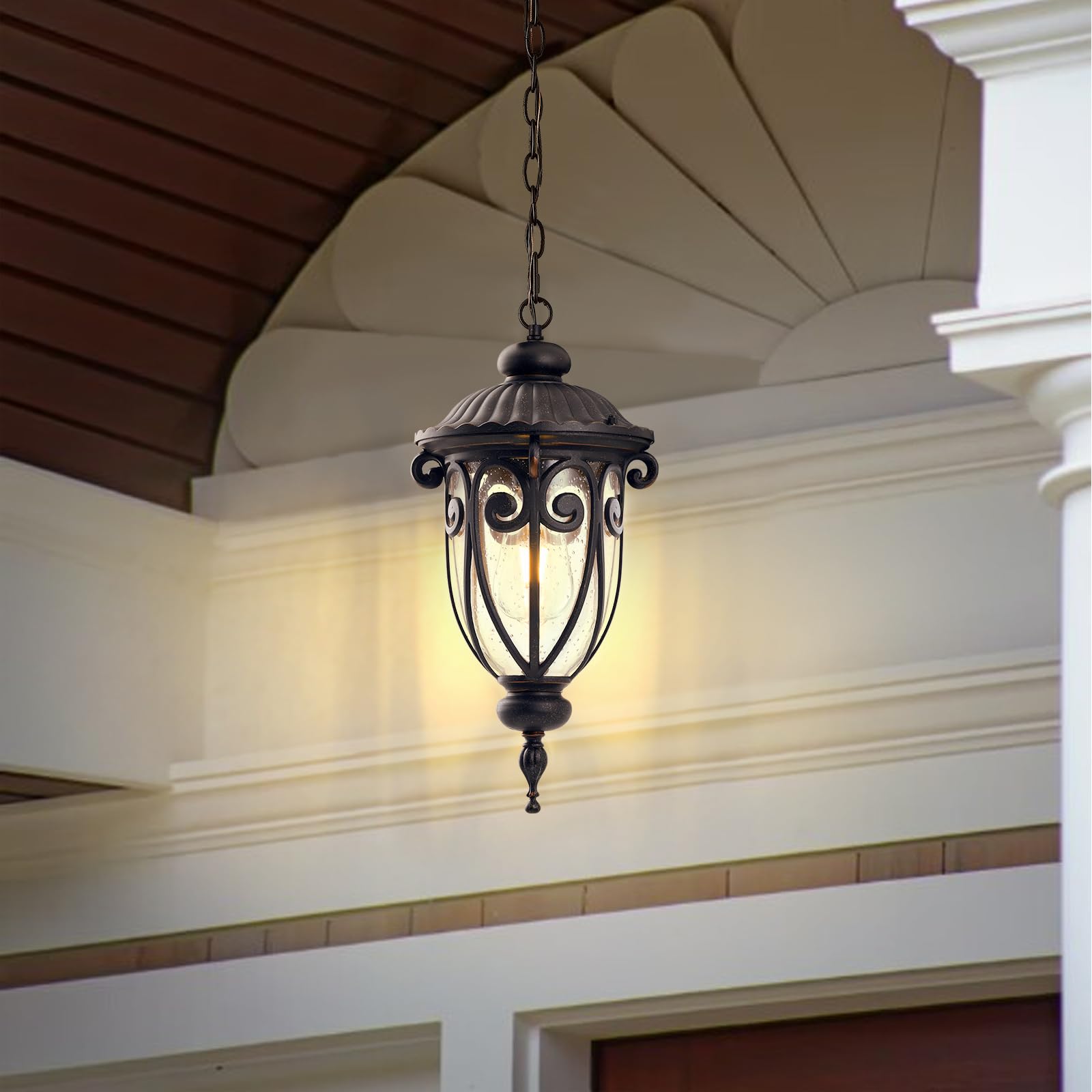 GOALPLUS Vintage Bronze Outdoor Pendant Light Fixture, 20.5" High, Adjustable Chain, Seeded Glass Ceiling Lantern for Porch, Entryway