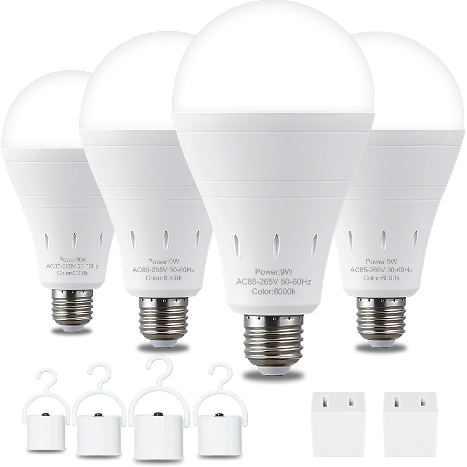 Debaobulb 4 Pack Rechargeable Emergency Light Bulbs, Battery Powered Led Light Bulb 6000K Daylight E26 120 Volt 9W 60W Equivalen