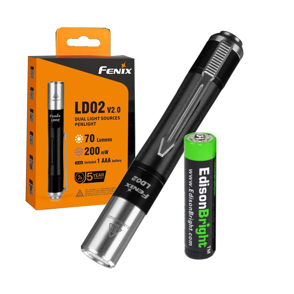 EdisonBright Fenix LD02 V2.0 LED Flashlight Bundle, 70 Lumen, Neutral White/UV, Pen-Type, Aluminum, White