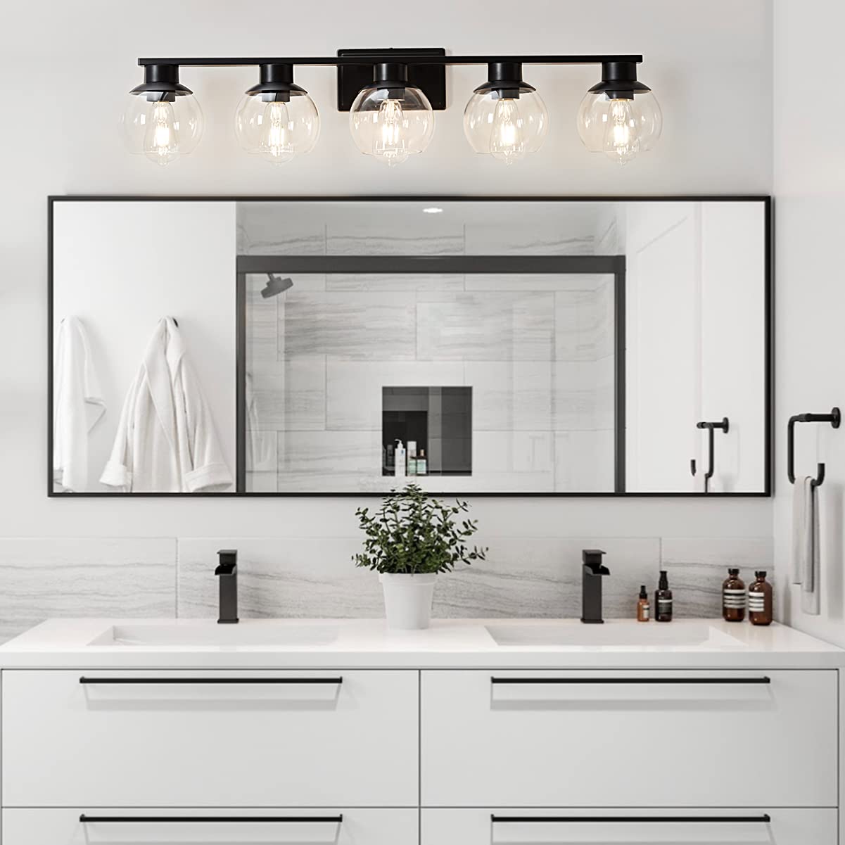 Pazala 5-Light Matte Black Bathroom Vanity Light Sconce With Globe Glass Shade, E26 Base