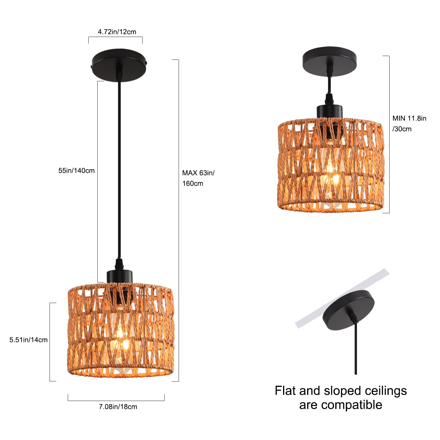 KENMI Woven Pendant Light - Boho Chandelier, Metal, 2 Pack Brown, Model P282, Hand Woven Wicker Shade for Kitchen Island, Farmhouse Decor