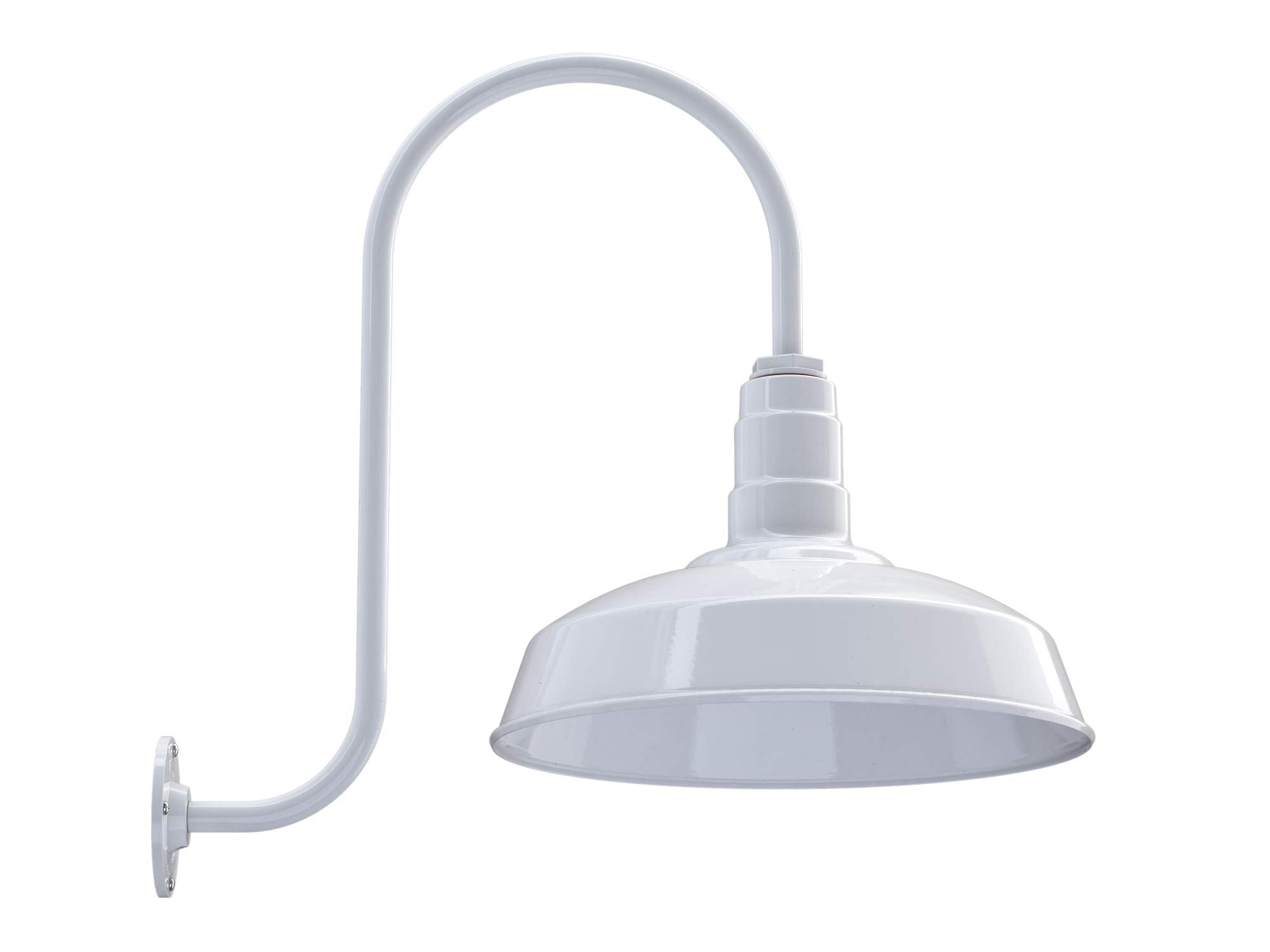 Steel Lighting Co. Gardena Barn Light - Outdoor Wall Mounted, 16in Dome, Upslope Gooseneck, Dusk to Dawn, White
