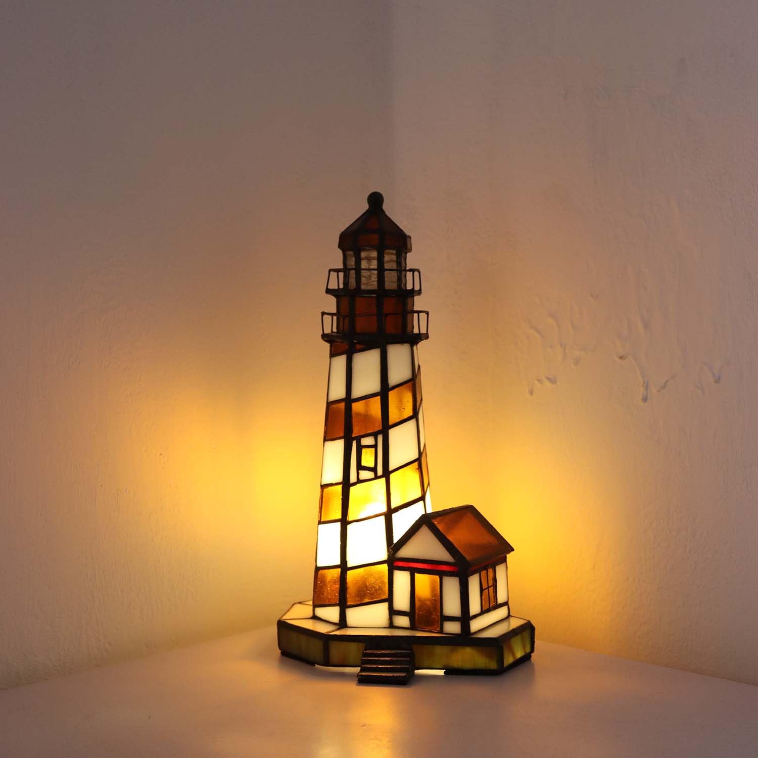 Bieye Lighthouse Tiffany Style Stained Glass Table Lamp, Amber, 6x6x11, Model Phare