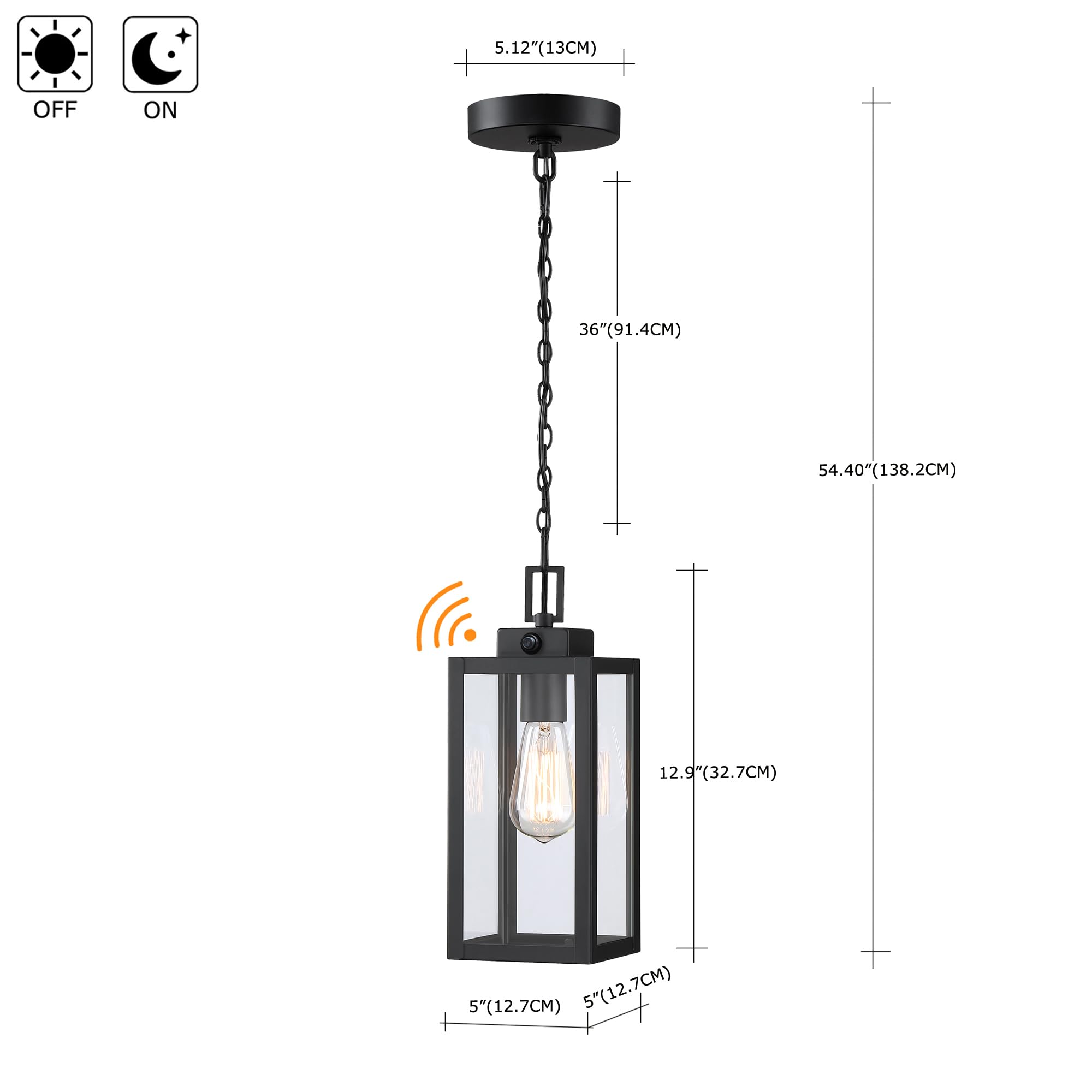 Faymart Lighting 13 Inch Outdoor Pendant Light Dusk To Dawn Hanging Porch Light For Entrance Front Door Photocell Pendant Lights For Porch Dusk To Dawn Hanging Lantern Steel And Glass E26