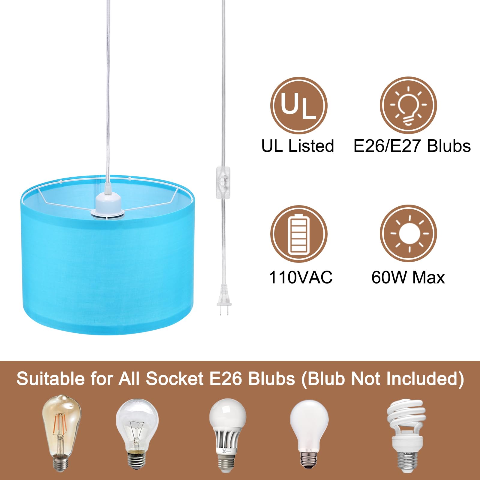Patikil Plug In Pendant Light, 15Ft Rope Cord Hanging Lamp Fixture With On/Off Switch, Fabric Shade E26/E27 Bulb Socket For Bedroom Kitchen Living Room, Light Blue