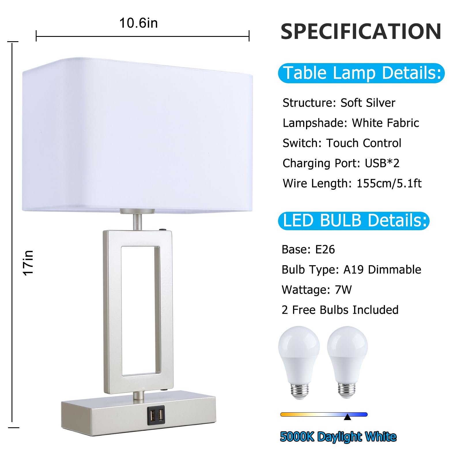 Brightwe Table Lamp Set Of 2 Lamps For Bedroom, Touch Control Table Lamps With 2 Usb Ports, 3-Way Dimmable Bedside Nightstand La
