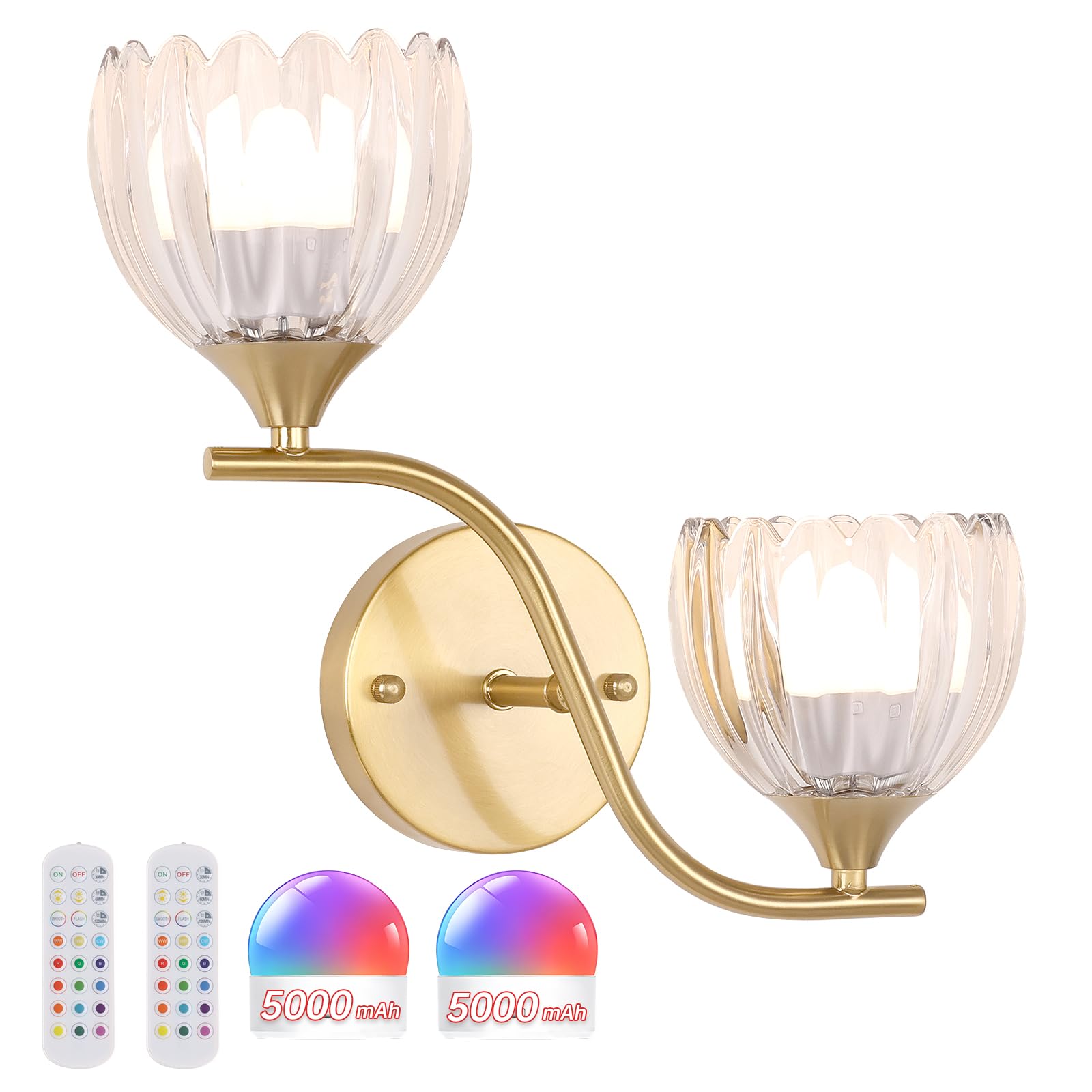 Shenmoyl Battery Operated Wall Sconce  2-Lights Vinatge Brass Wall Lighting with Clear Tluip Shade Rechargeable Bulb with Remote for Living Room  Bedroom