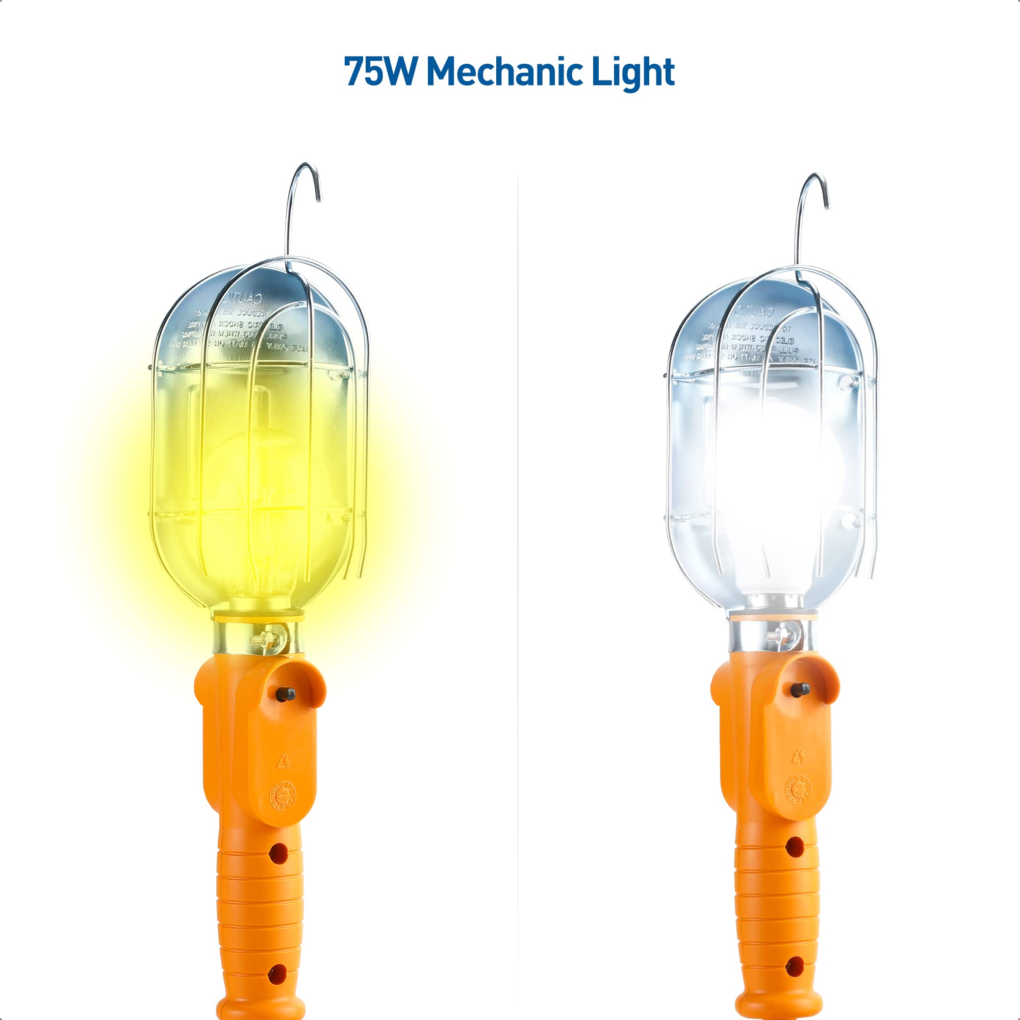 Cable Matters 25ft 75W Trouble Light, 16 AWG Metal Drop Light with Built-in Outlet, Orange - Model 400129-ORN-25-N for Indoor/Outdoor Use