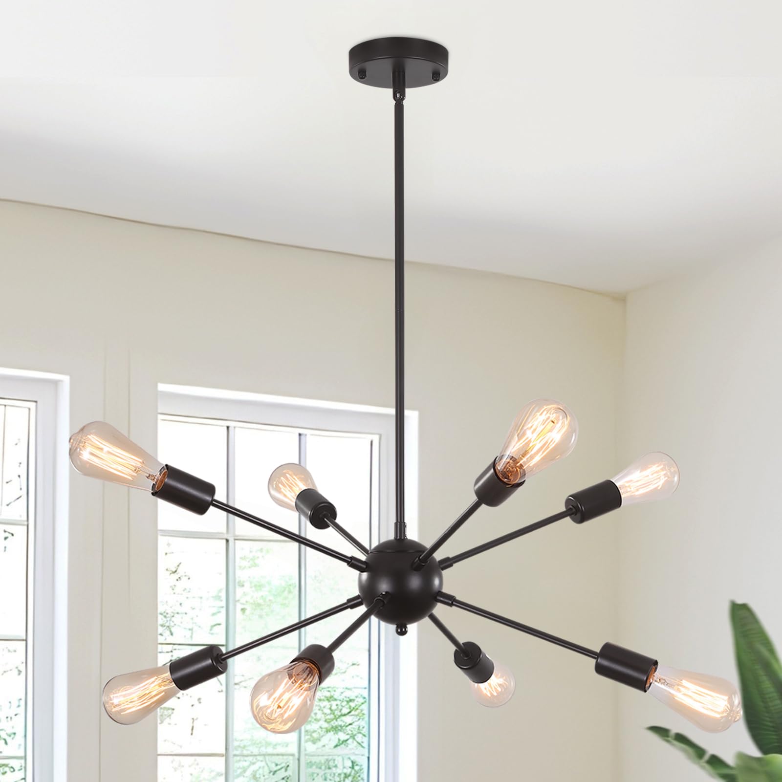 ETONIMERR Black Sputnik Chandelier  Sputnik Light Fixtures Ceiling 8 Lights  Semi Flush Mount Height Adjustable Mid Century Modern Chandelier for Dining Room Living Room Bedroom