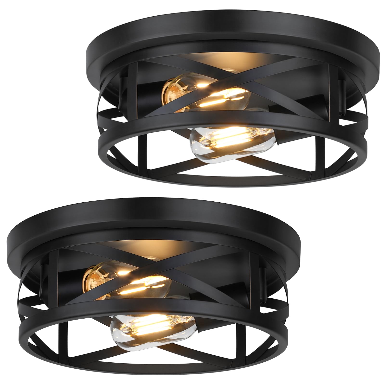 2-Light Flush Mount Ceiling Light Fixtures, 2-Pack Farmhouse Black Ceiling Lights, Industrial Metal Cage Light Fixtures Ceiling