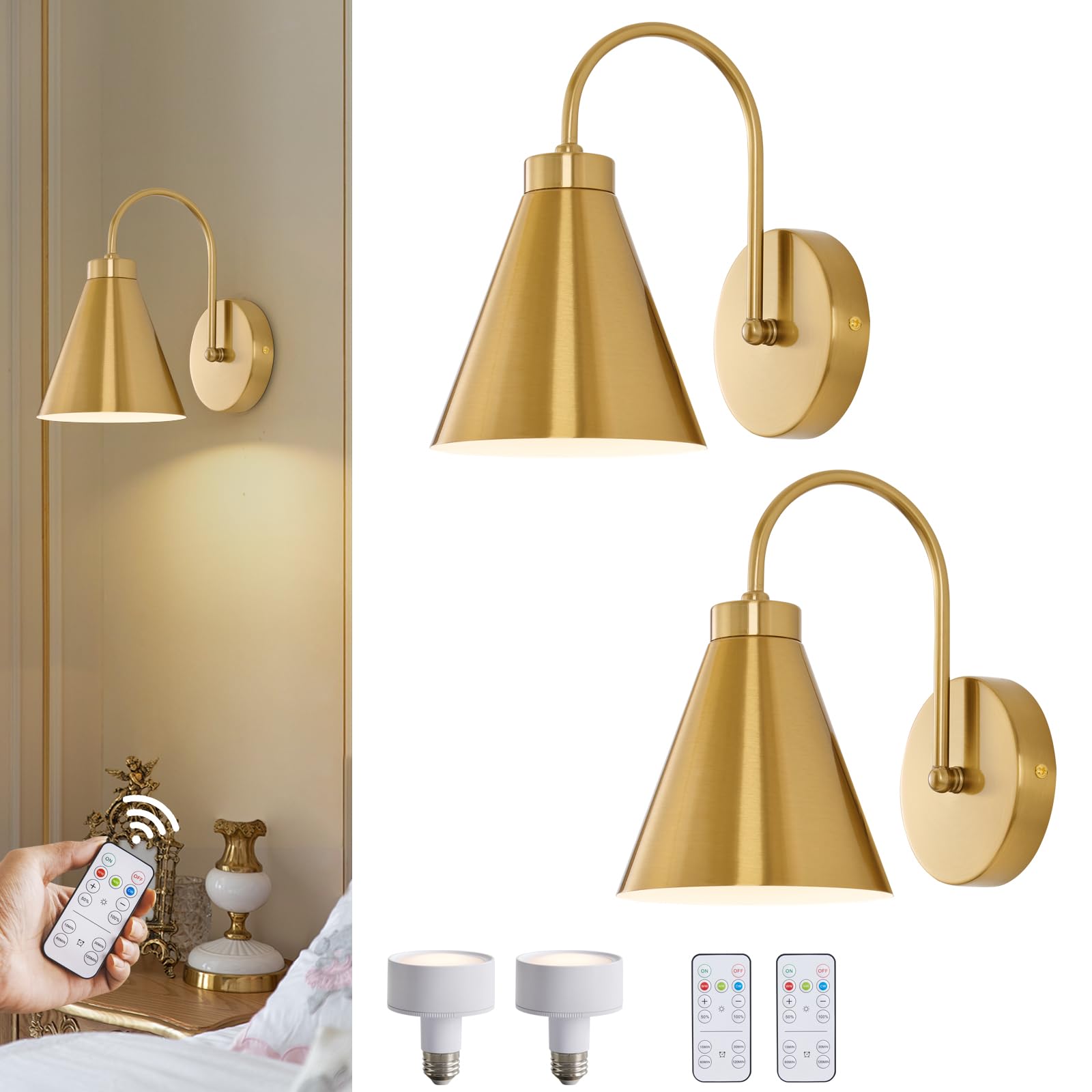 Powfloven Vintage Cordless Gooseneck Battery Operated Wall Sconces Set Of 2, Gold Bedside Battery Powered Wall Decor Lamps With Remote Control, Wireless Indoor Led Lights Fixture For Bedroom Hallway