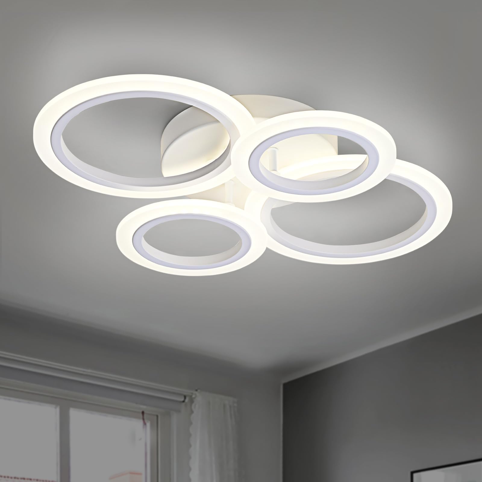 Vikaey Modern Led Flush Mount Ceiling Light, 4 Rings White Close To Ceiling Light, Lighting Fixture Ceiling Lamp For Kitchen, Living Room, Bedroom, Laundry Room, 4000K Not Dimmable
