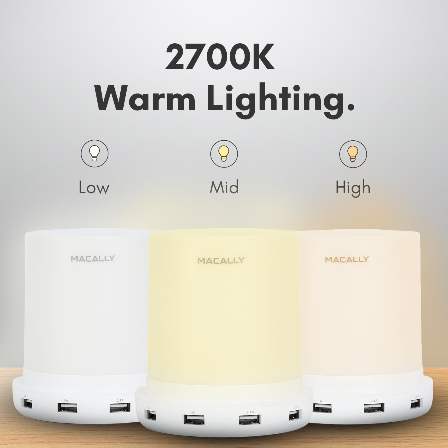Macally Small Touch Lamp - 3 Way Dimmable Bedside Table Lamp with USB Port - White - Model LAMPCHARGE - Perfect for Small Spaces