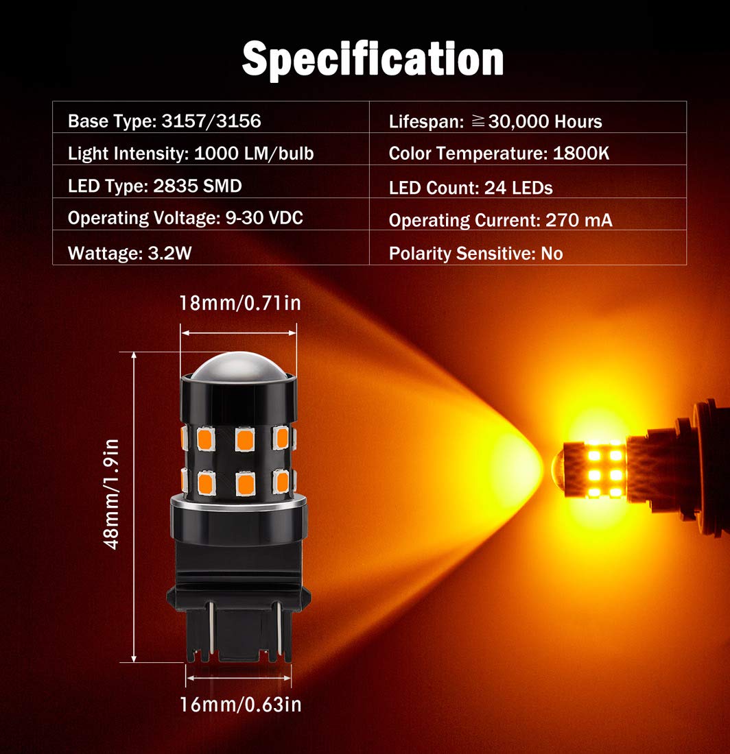 BRISHINE 3157 LED Bulbs Amber Yellow 24-SMD Chipsets Pack of 2 Non-Polarity
