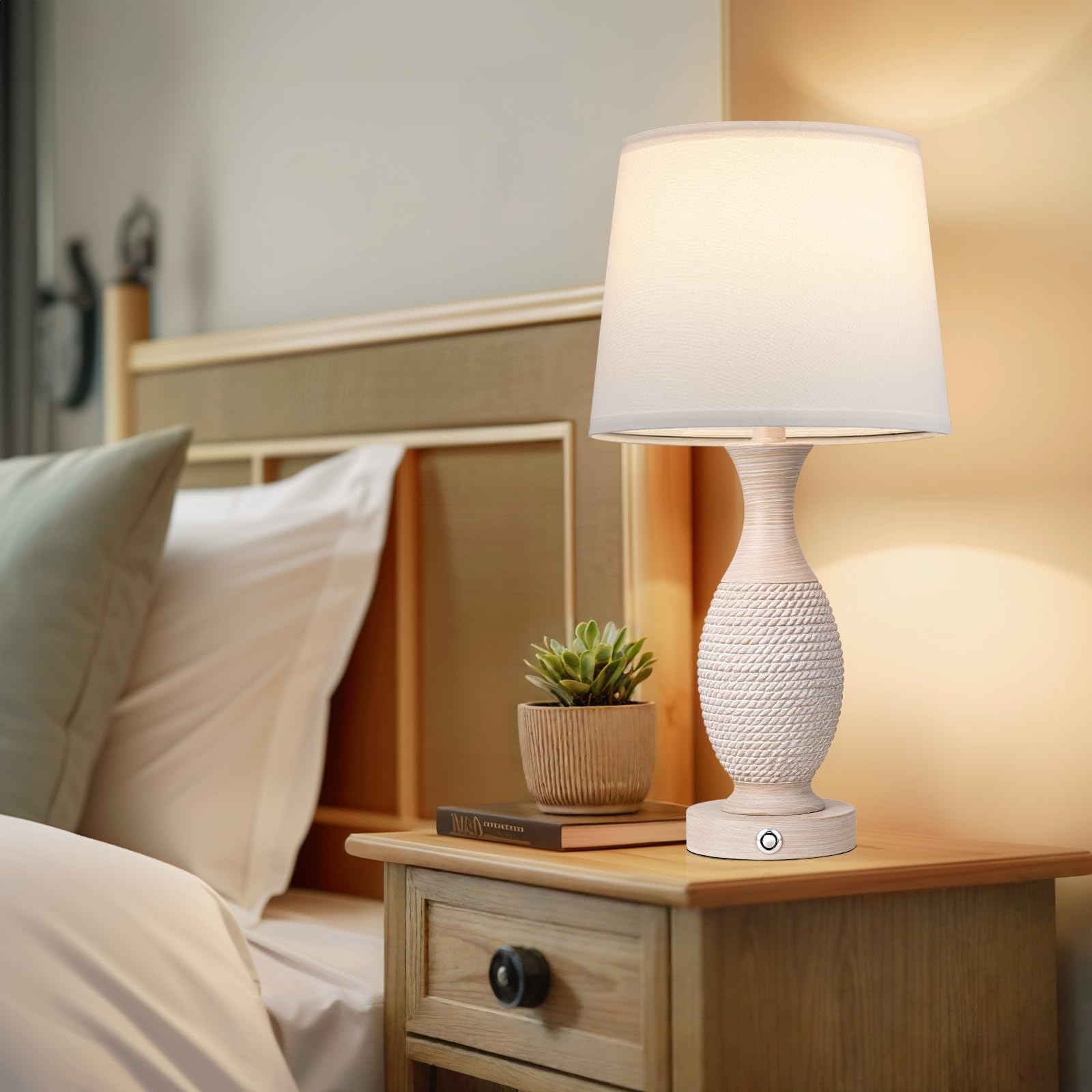 Seealle Dimmable Touch Bedside Lamps Set of 2 with USB C+A, 22.2" White Shade, Model 07031, Bulbs Included