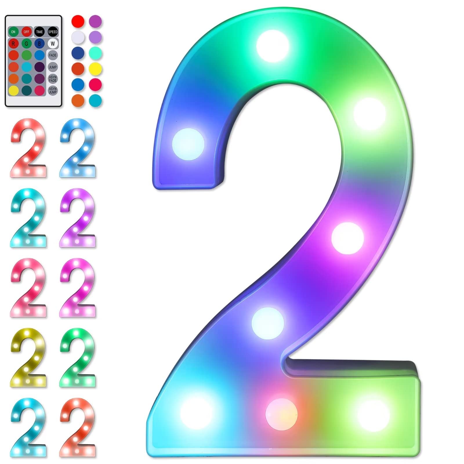 Foaky Colorful LED Number Lights with Remote,Marquee Light Up Number Sign for Night Light Wedding/Birthday Party Battery Powered Christmas Lamp Home Bar Decoration (2)