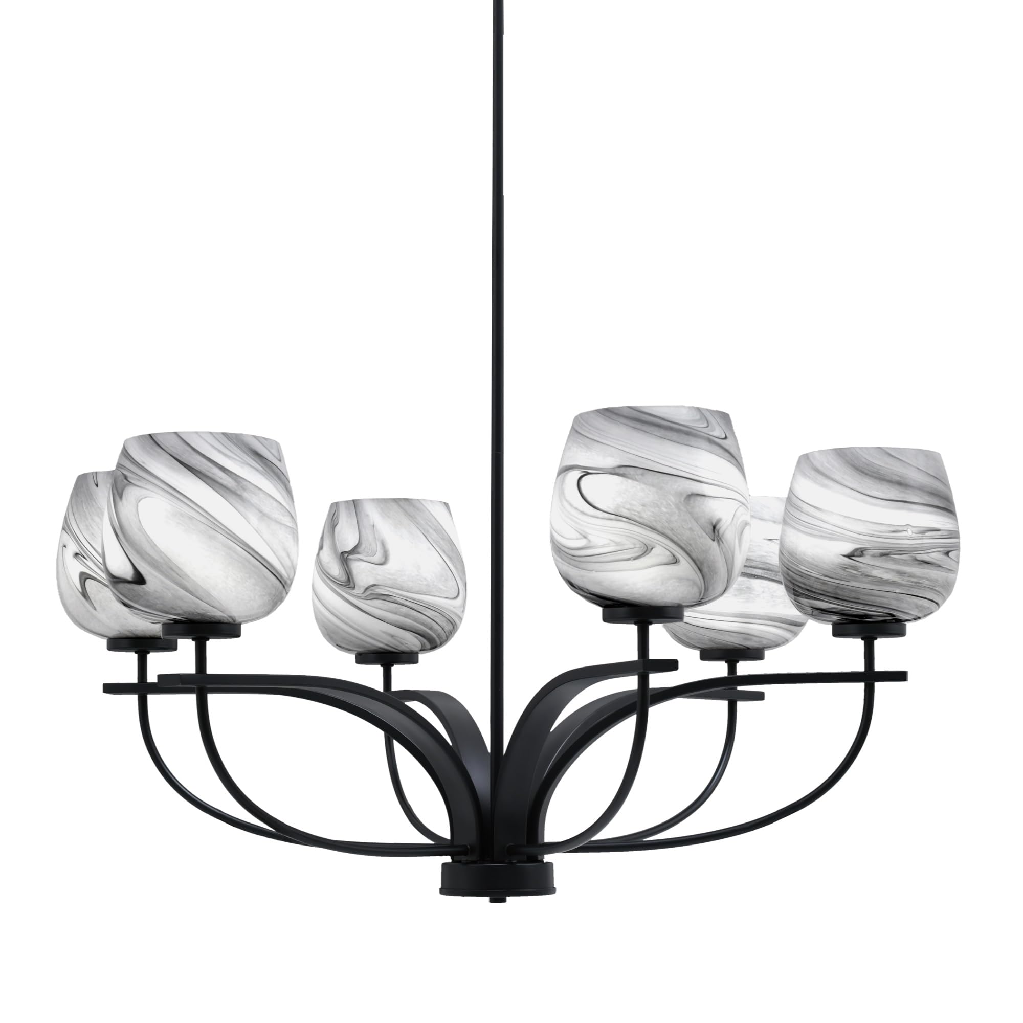 Toltec Lighting Cavella 6 Light Chandelier Shown in Matte Black Finish with 6&quot; Onyx Swirl Glass