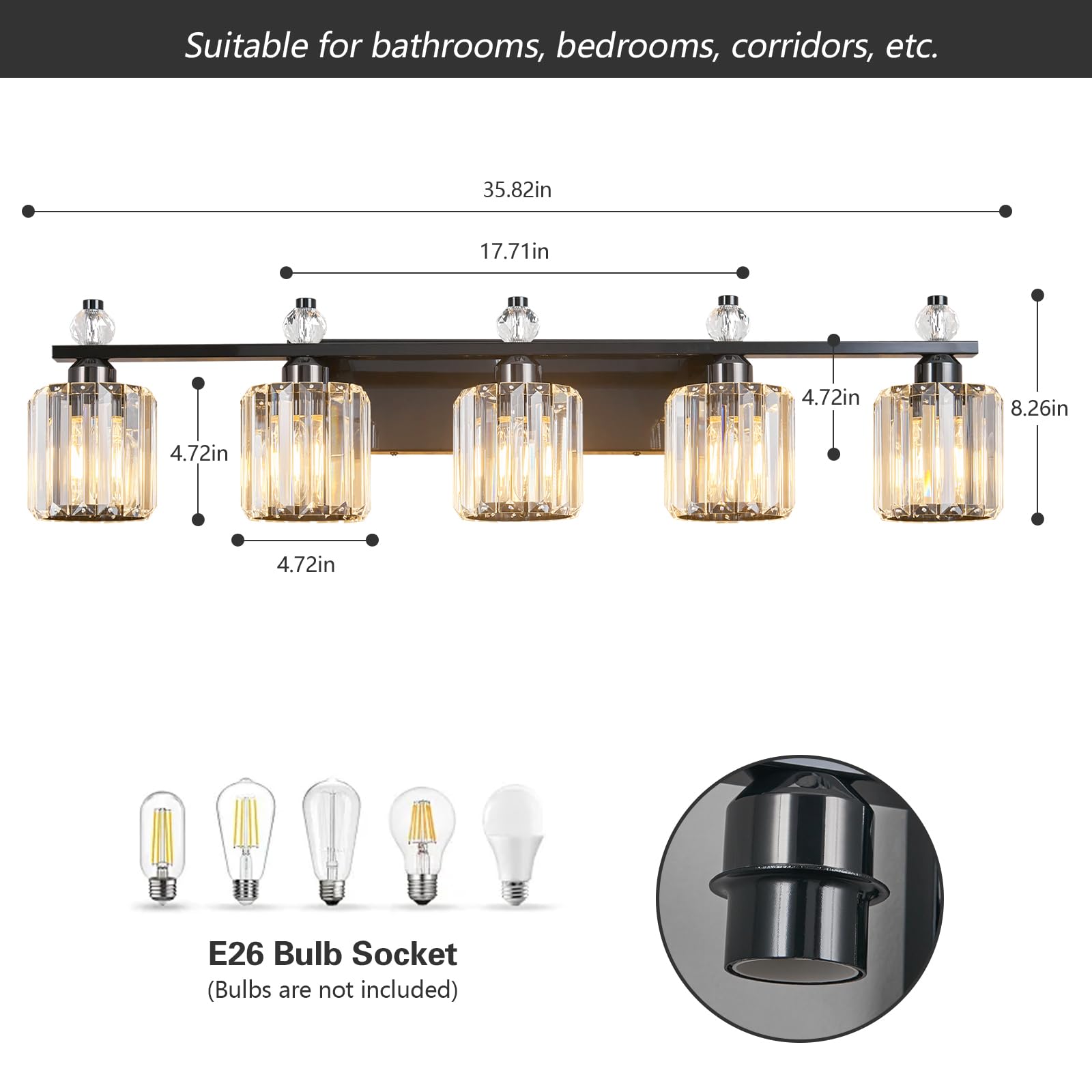 FDPBY Bathroom Vanity Lights 5-Light Modern Crystal Fixture Plating Black Model 291