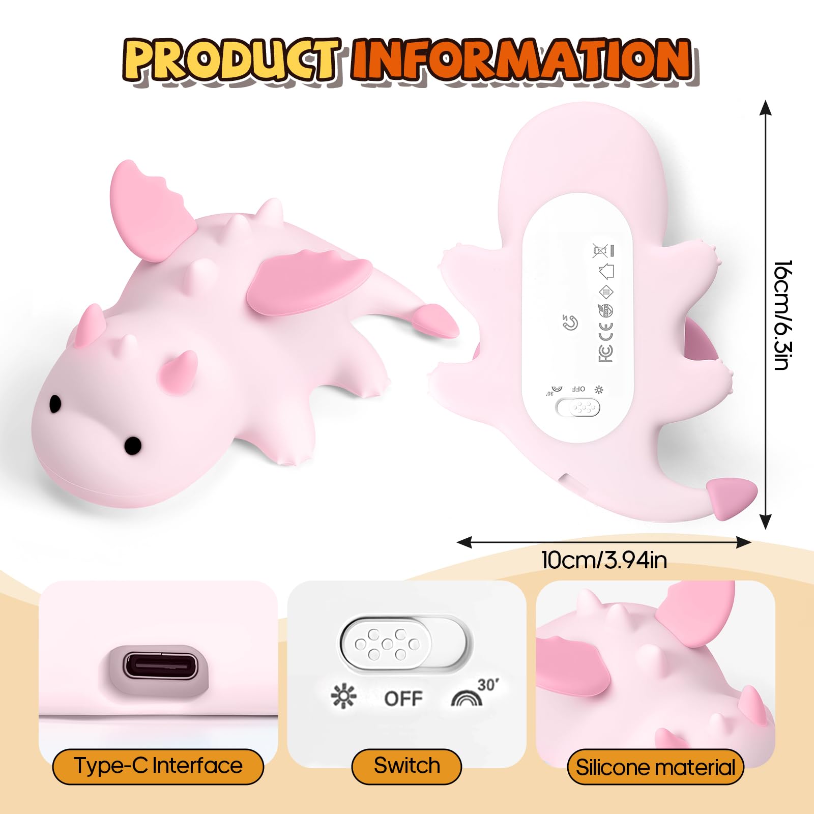 Gusweet Cute Dragon Night Light, Dimmable Silicone Lamp, 7 Colors, Rechargeable, Pink, Model: Axolotl