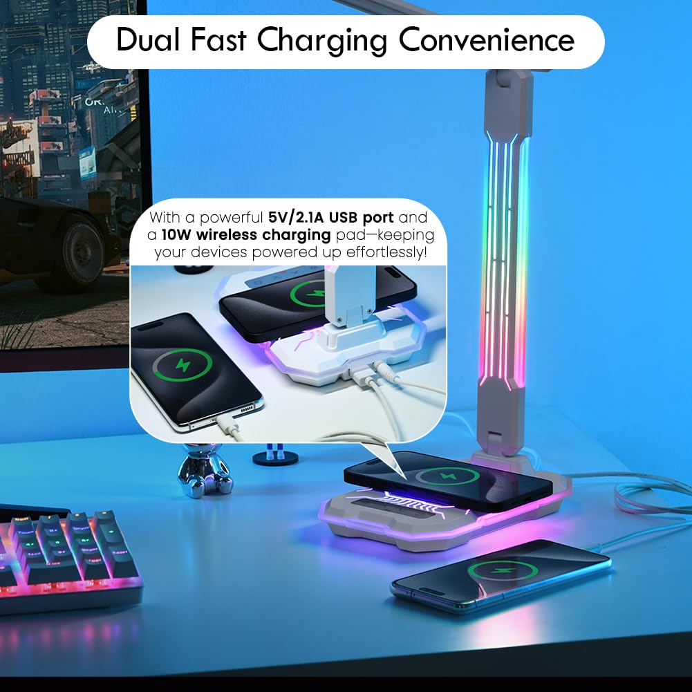 Wilit Led Rgb Gaming Desk Lamp, Voice Activated Changing Colors Rhythm Light With Wireless Charger And Usb Charging Port, Colorf