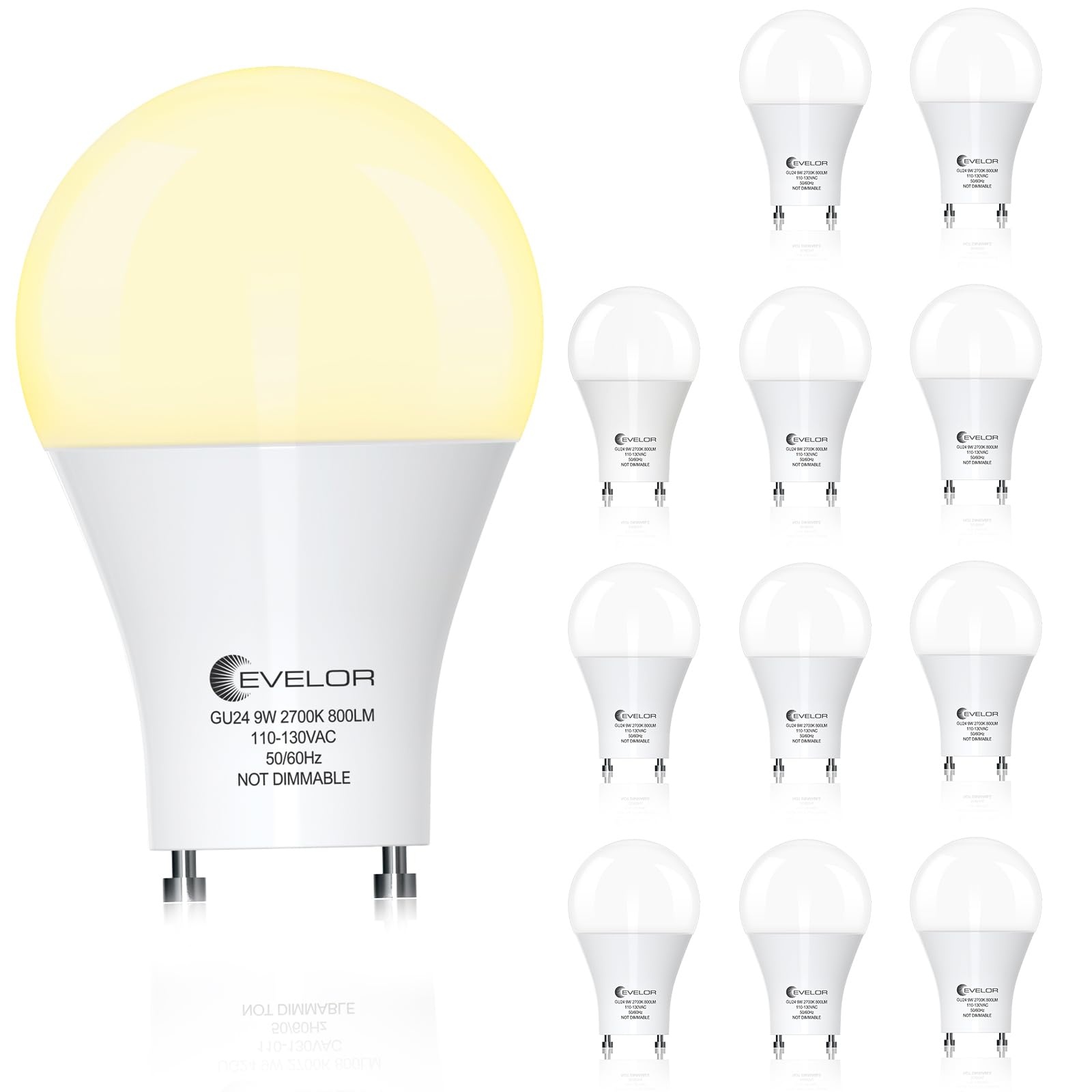 evelor GU24 LED Light Bulb 60W Equivalent Soft White 2700K Non-Dimmable 9W 800 Lumens 12-Pack