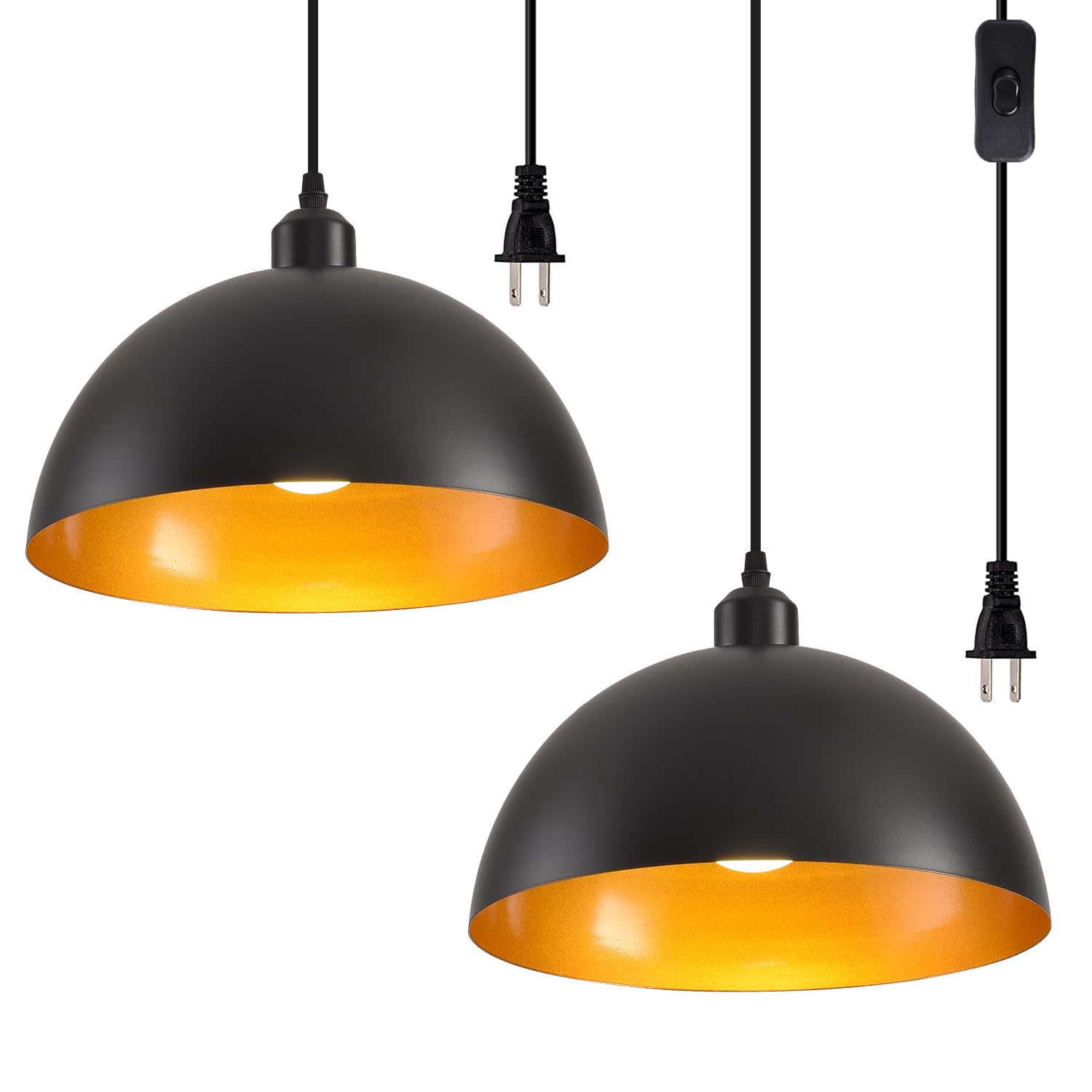 AOJUNSANSAN Plug in Pendant Light 2 Pack Industrial Hanging Lamp with Golden Finish Inside Black Vintage Pendant Lighting Fixtur