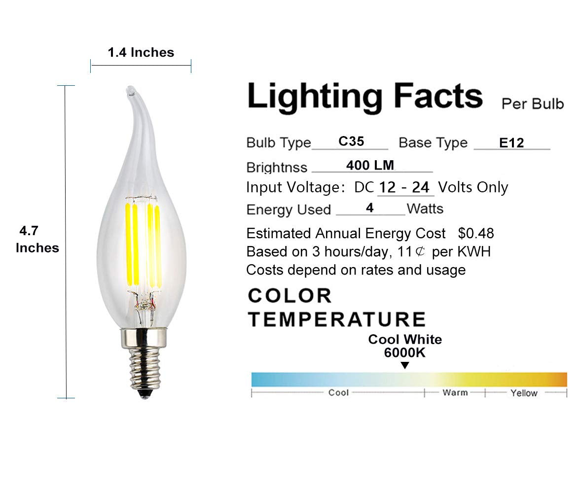 OPALRAY 12V-24V DC LED Candle Bulb, 4W 400Lm, 6000K Cool White, Dimmable, Clear Glass Flame Tip, 3