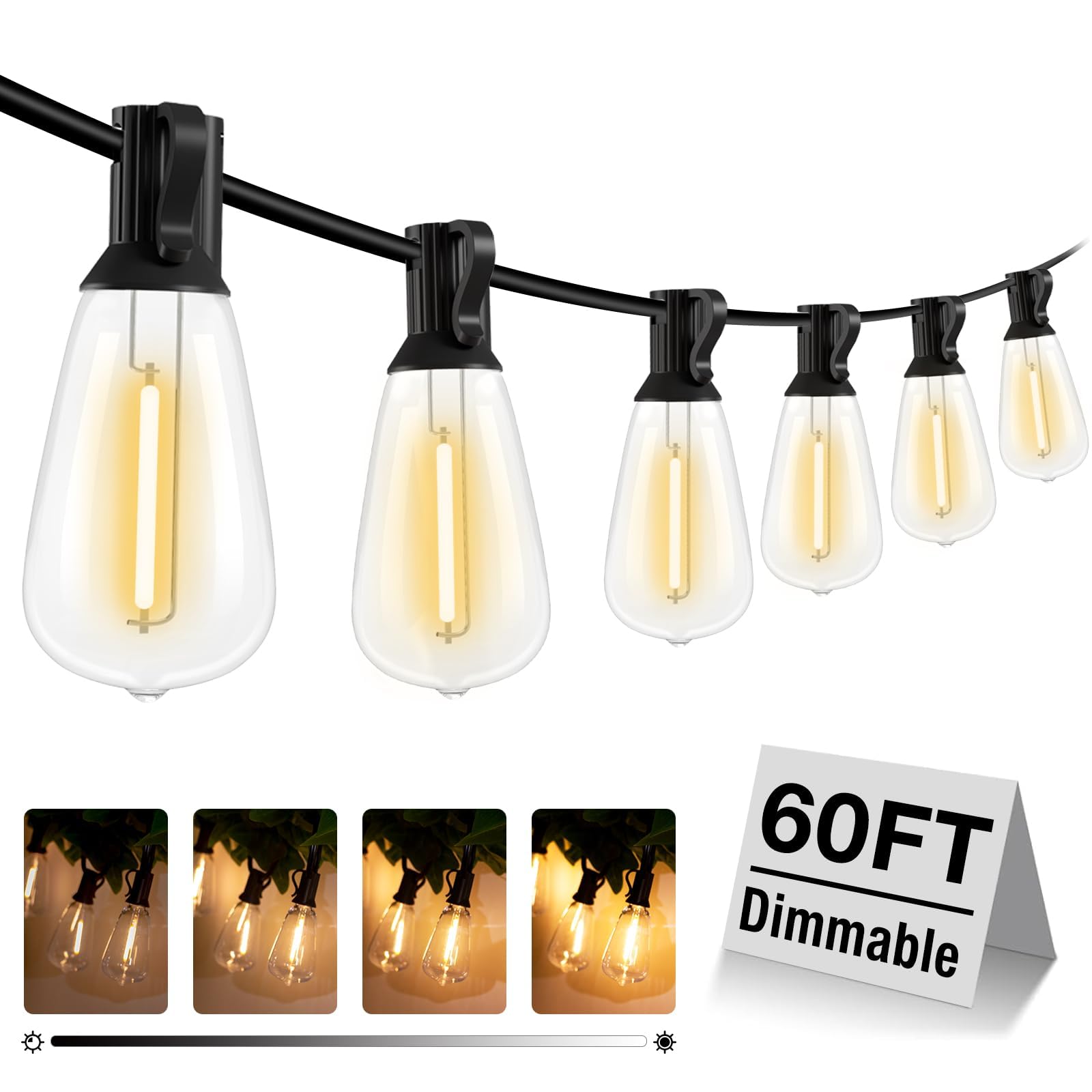 litogo 60FT LED Outdoor String Lights with Dimmer, Waterproof Patio Lights with ST38 Vintage Edison Bulbs, Warm White Outside Ha