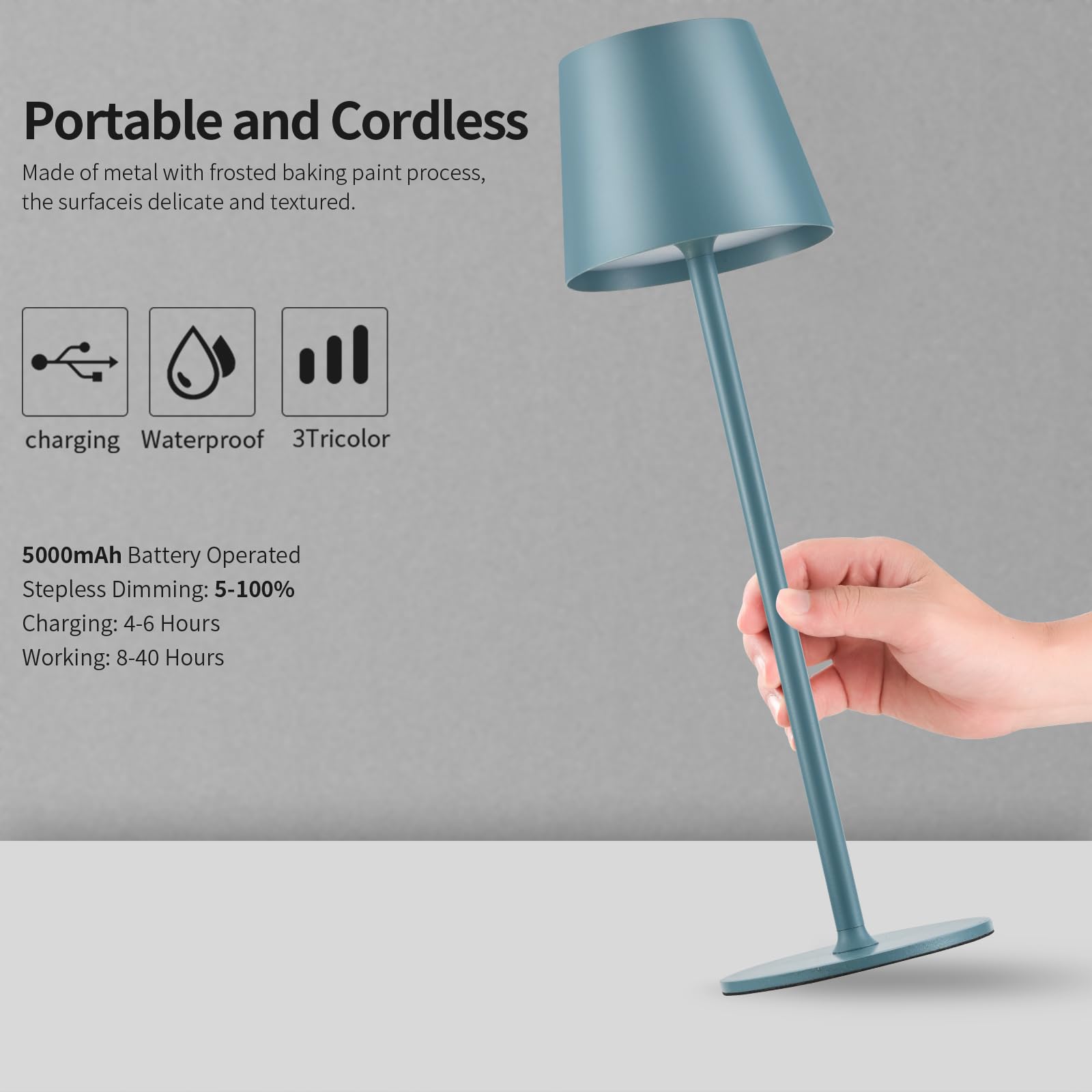 BGFHome Cordless LED Desk Lamp, 5000mAh Rechargeable, Minimalist Design, 14.6inx4.3inx4.3in, Blue, 2 Pack