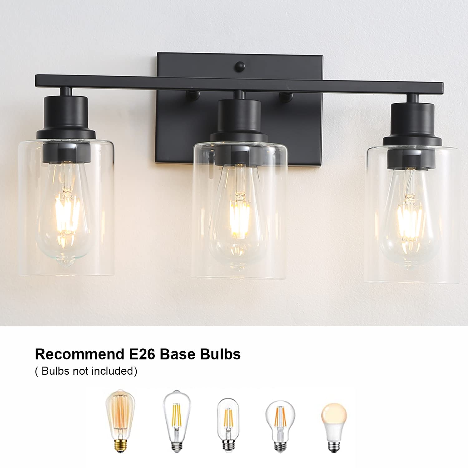Filimitiy Bathroom Vanity Light Fixtures, 3-Light Matte Black Bathroom Lights, Wall Sconces With Clear Glass Shade For Hallway F