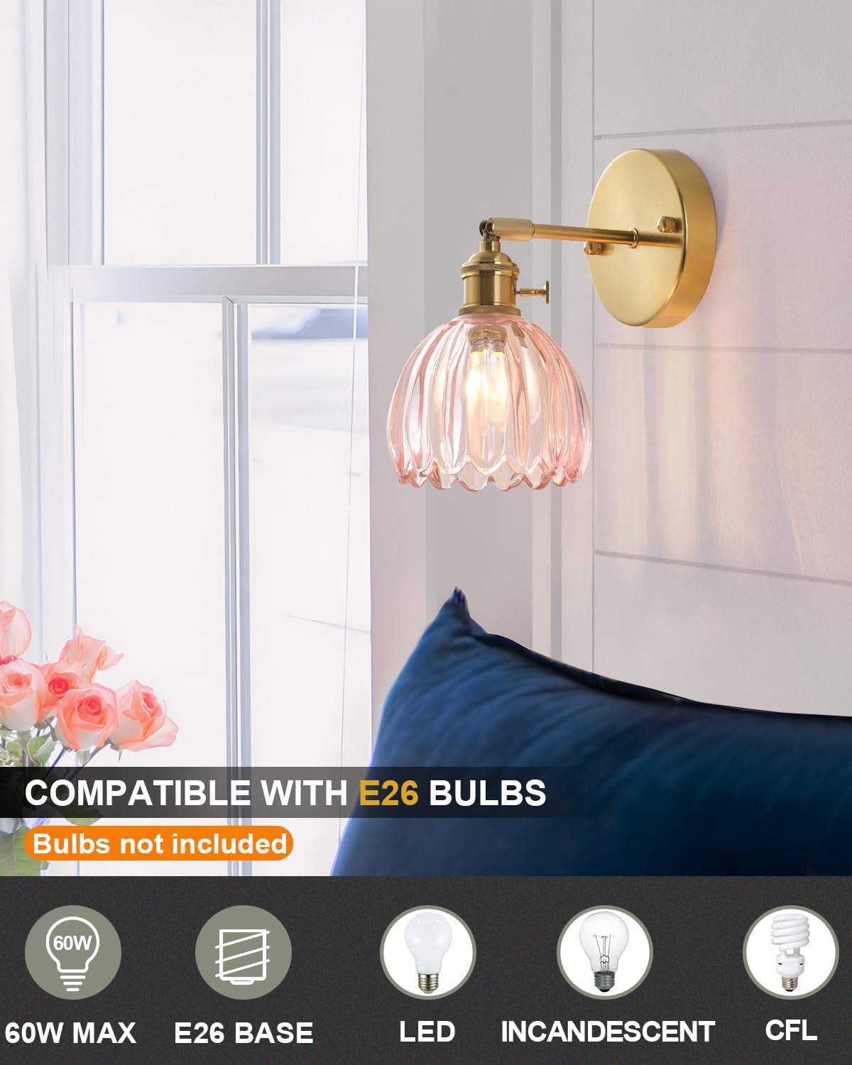 BinoBro Vintage Tulip Wall Sconce Light, Crystal Glass Shade, Pink, Model WL24555, Plug-in & Hardwired, Ideal for Bedroom & Living Room