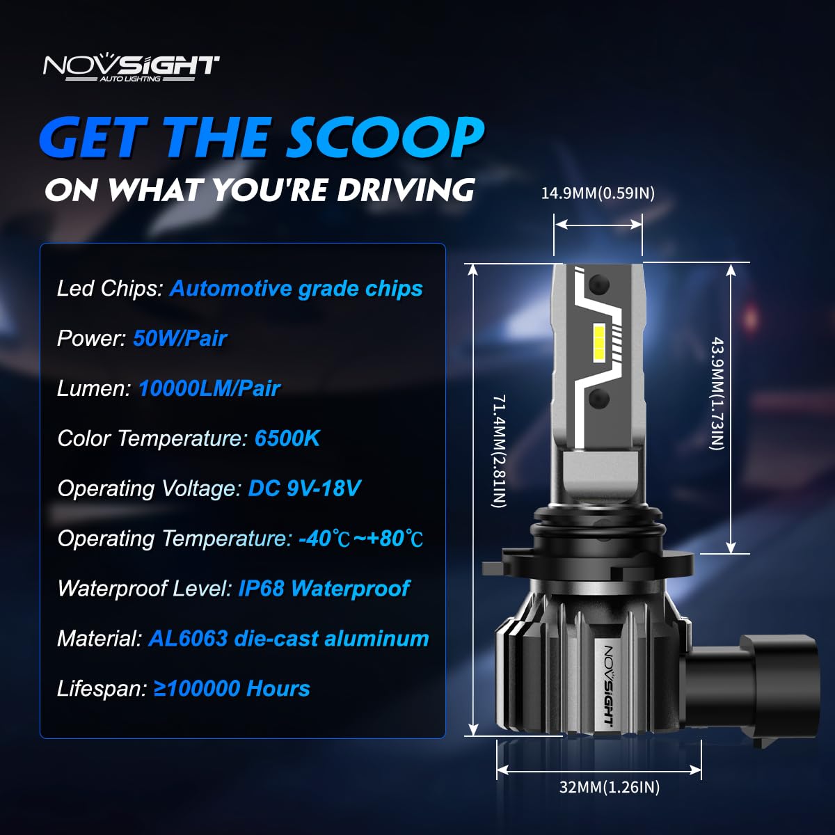 NOVSIGHT 9006 HB4 LED Light Bulbs, 20,000LM, 1:1 Design, Aluminum, 6500K Cool White, Model A500-N57US-
